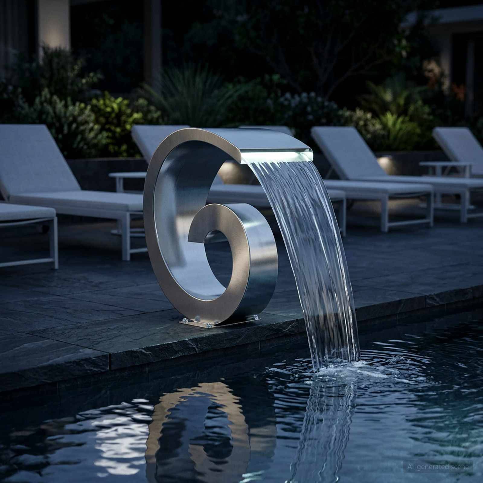 Moderner Springbrunnen aus Edelstahl in Spiralform, der in ein Becken neben Liegestühlen auf einer gestalteten Außenterrasse fließt.