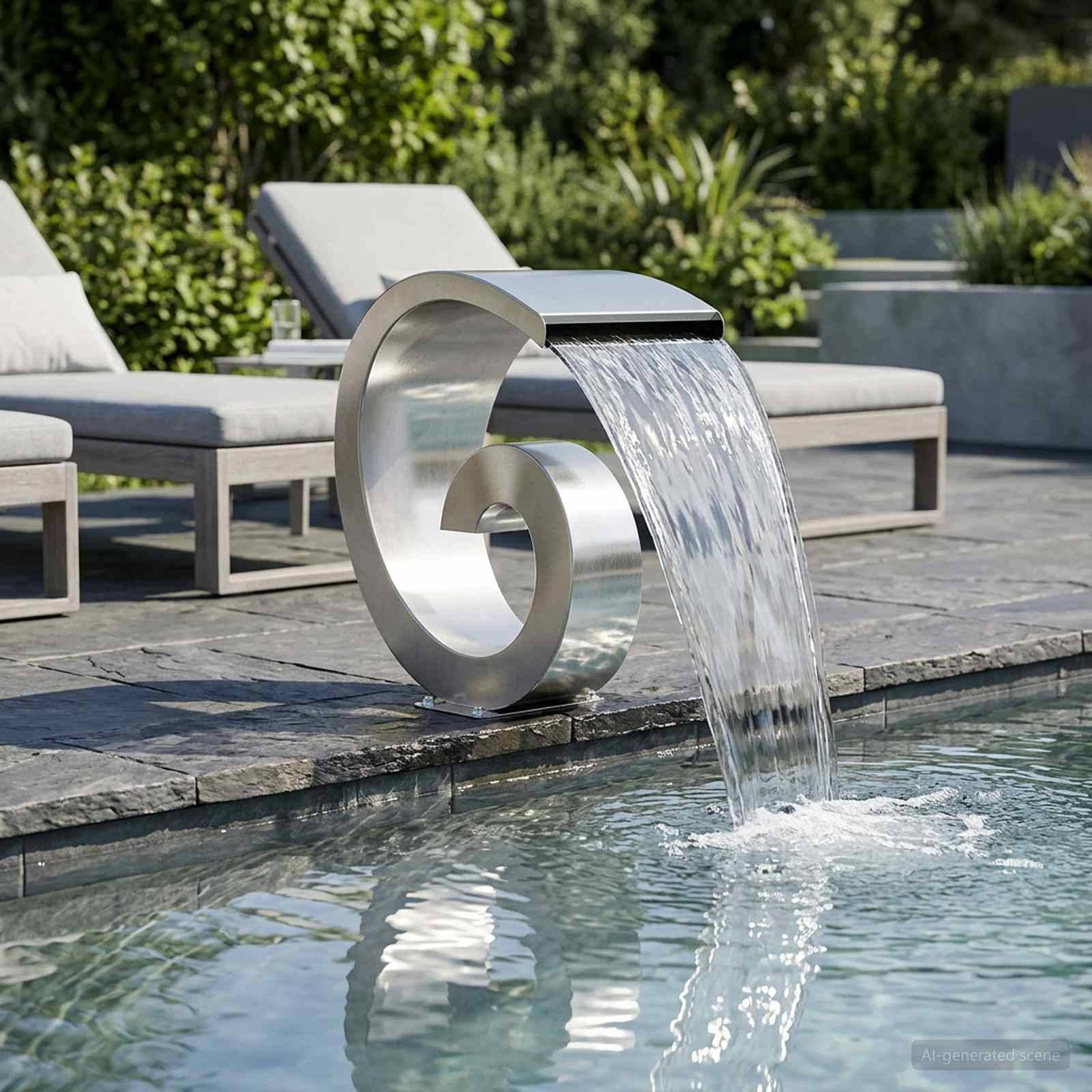 Moderner spiralförmiger Metallwasserfallbrunnen ergießt sich in ein Becken neben gepolsterten Loungestühlen auf einer gestalteten Terrasse.