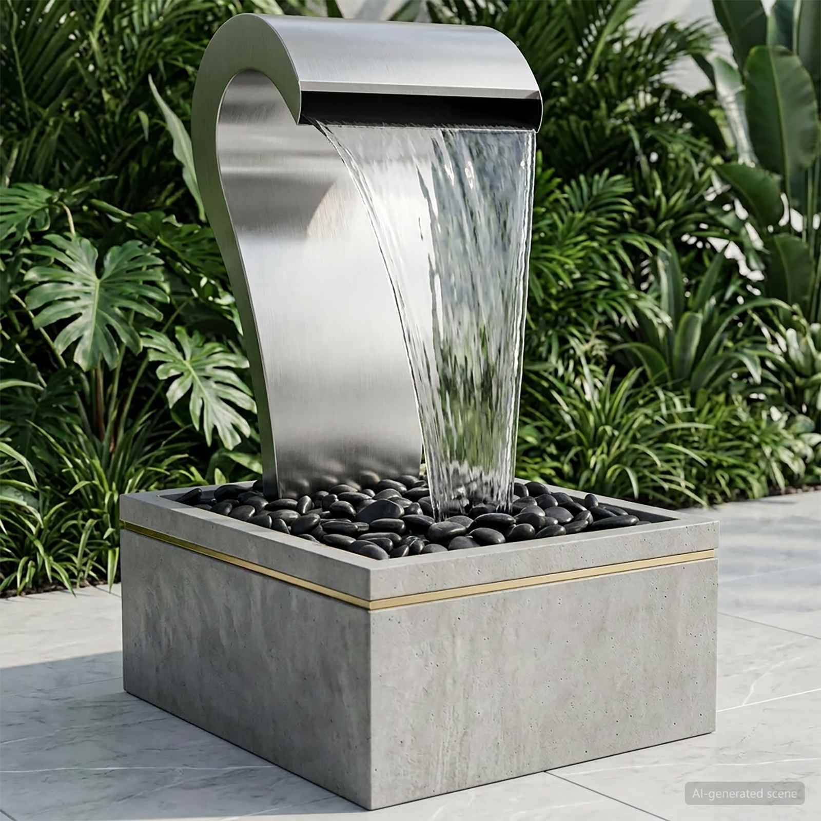 Moderner Springbrunnen im Innenbereich mit Wasser, das aus einer gebogenen Edelstahlausführung in ein quadratisches Betonbecken mit schwarzen Steinen fließt, vor üppig grünen Pflanzen.