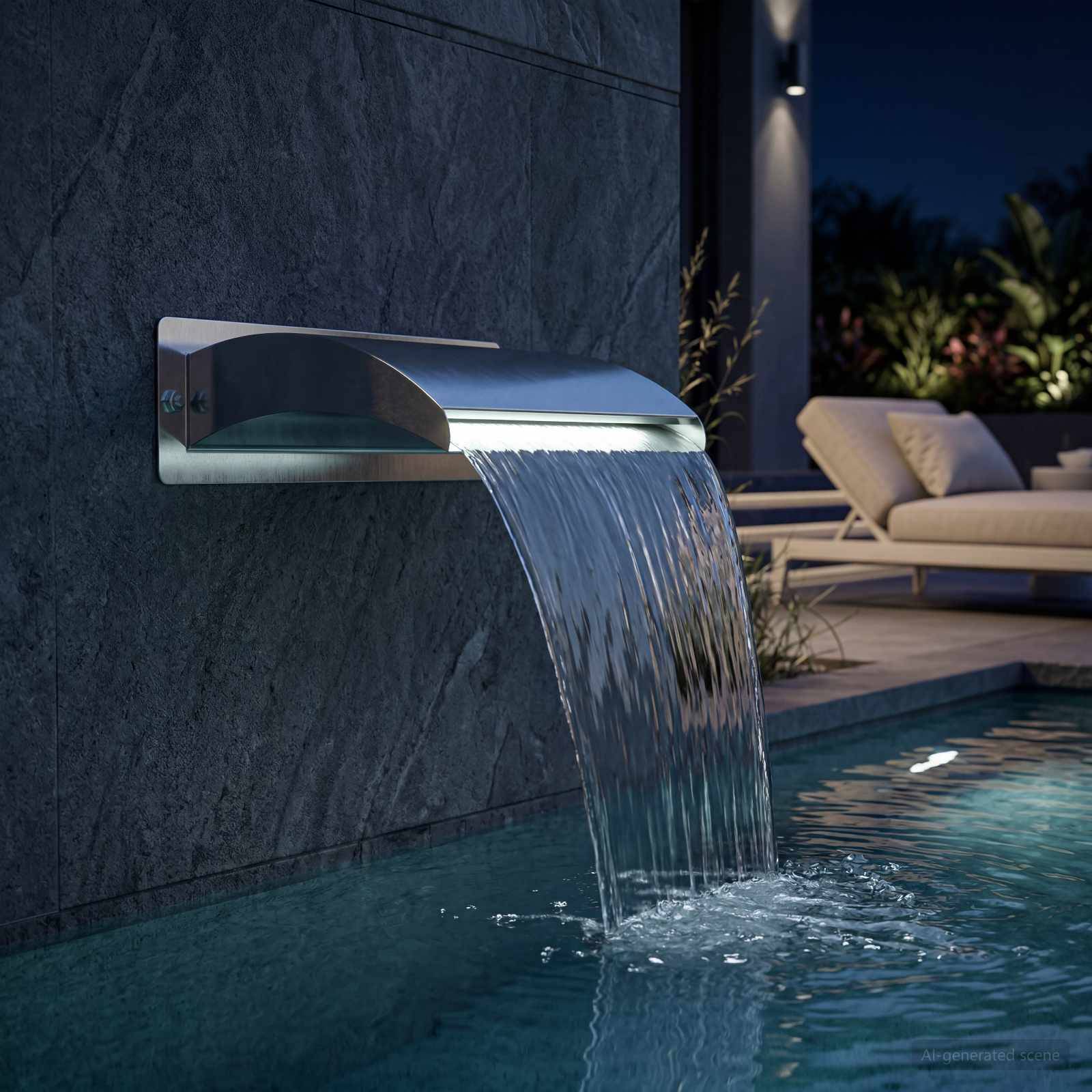An der Wand montierter Edelstahl-Wasserfallauslauf, der Wasser in einen nächtlichen Swimmingpool neben einem modernen Loungebereich gießt.