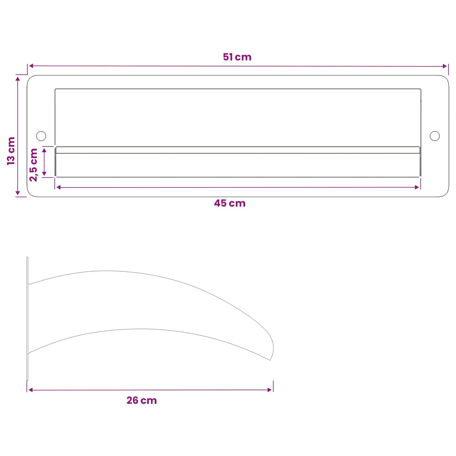 Technisches Abmessungsdiagramm eines abgerundeten rechteckigen Panels und eines gekrümmten Streifens, mit einer Gesamtgröße von 51 cm × 13 cm, einer inneren Breite von 45 cm, einer Kurvenlänge von 26 cm und einer Höhe von 2,5 cm.