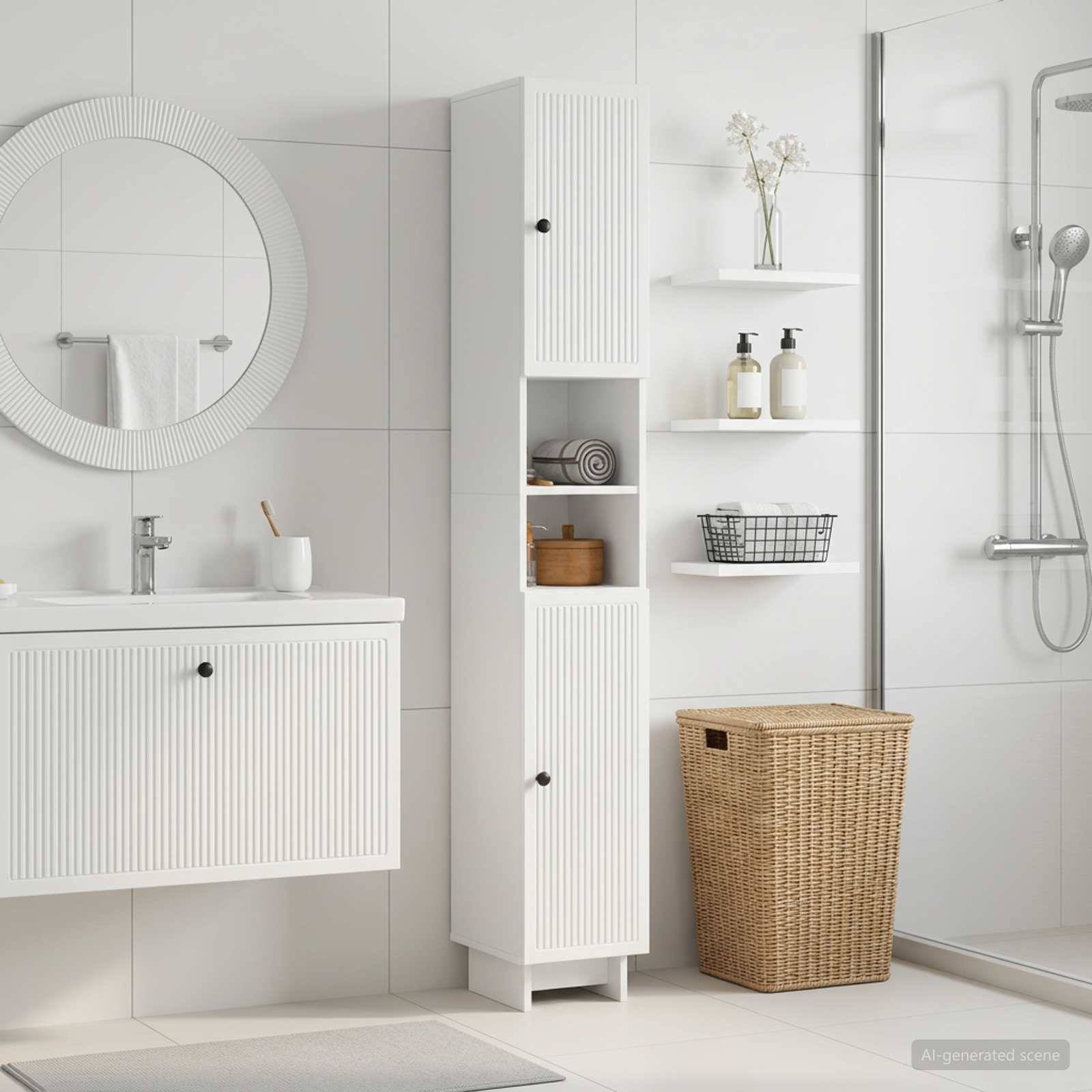 Helles modernes Badezimmer mit an der Wand montiertem Waschtisch und rundem Spiegel, hohhem Lagerschrank, offenen Regalen mit Toilettenartikeln, Weidenkorb für Wäsche und Glasdusche.