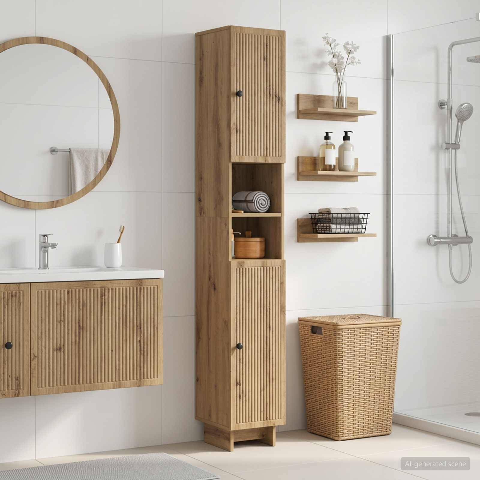Modernes Badezimmer mit Holzwaschtisch, hohem Aufbewahrungsschrank, rundem Spiegel, Wandregalen, Dusche und Weidenkorb für Wäsche.