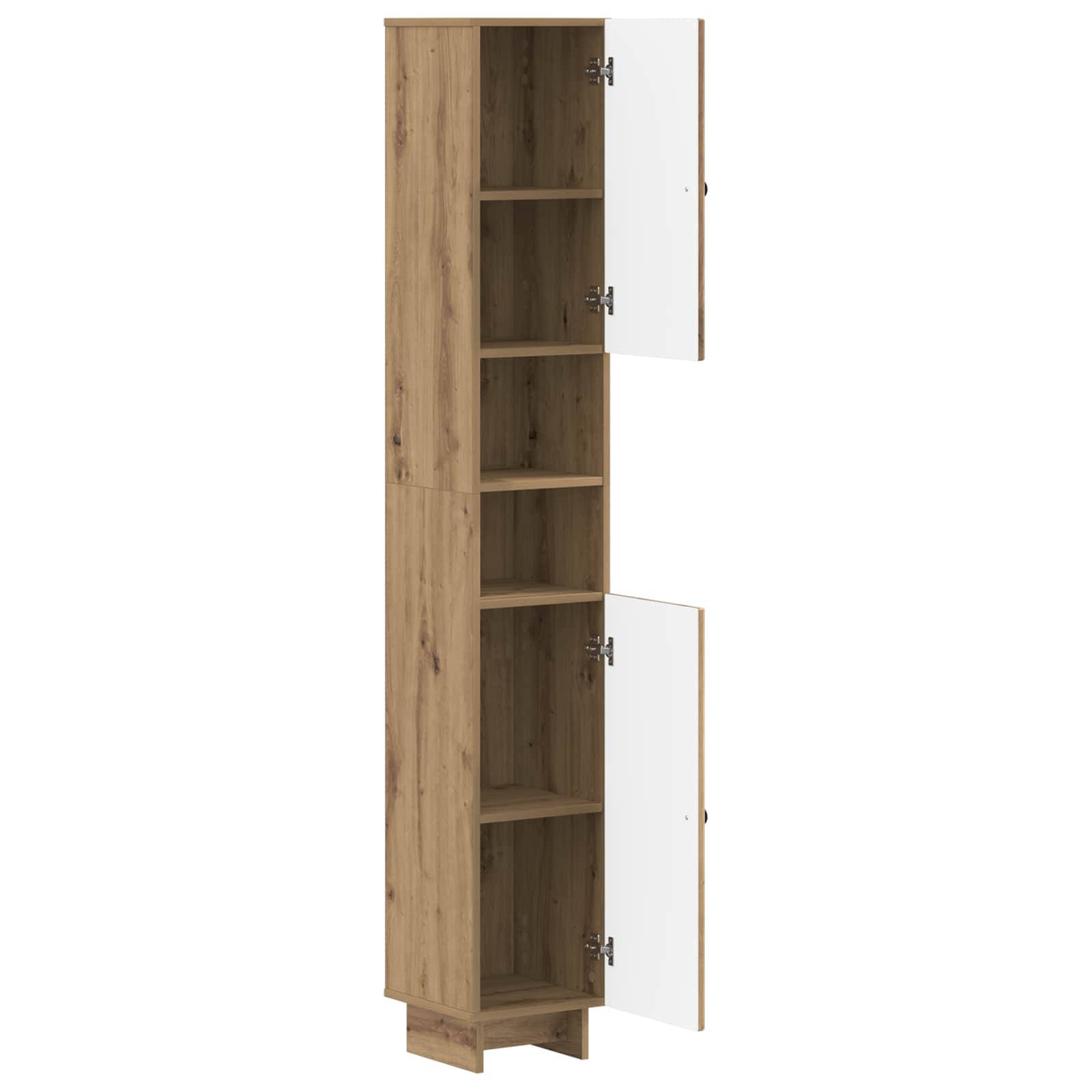 Hoher schmaler Holzschrank mit zwei offenen weißen Türen und fünf inneren Regalboden, vor einem einfachen weißen Hintergrund dargestellt.