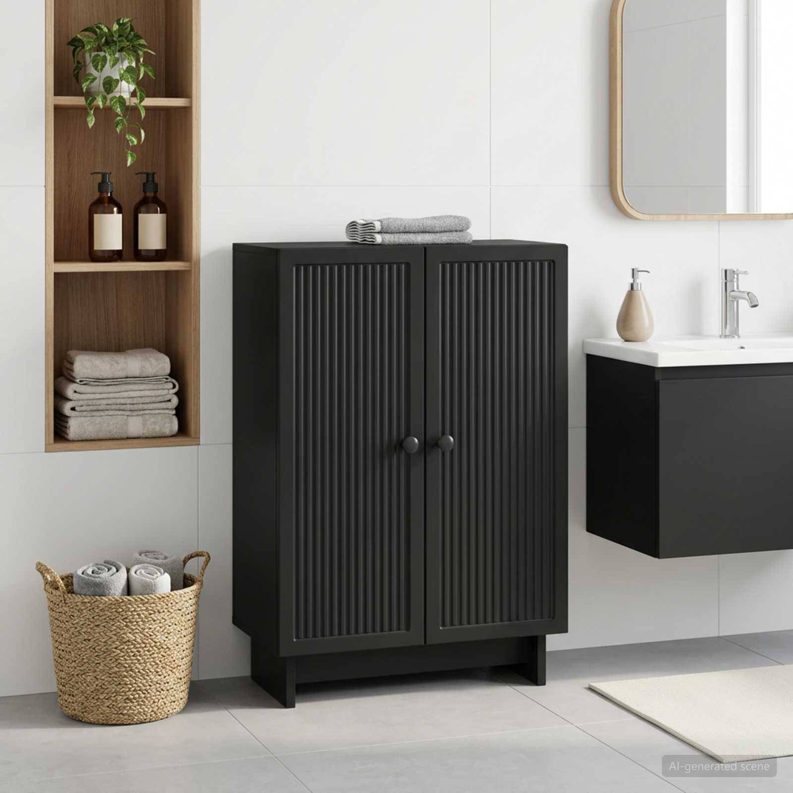 Modernes Badezimmer mit schwarzem geripptem Schrank, an der Wand montiertem Waschbecken, Spiegel, offenem Regal mit Handtüchern und Flaschen und einem geflochtenen Korb auf dem Boden.