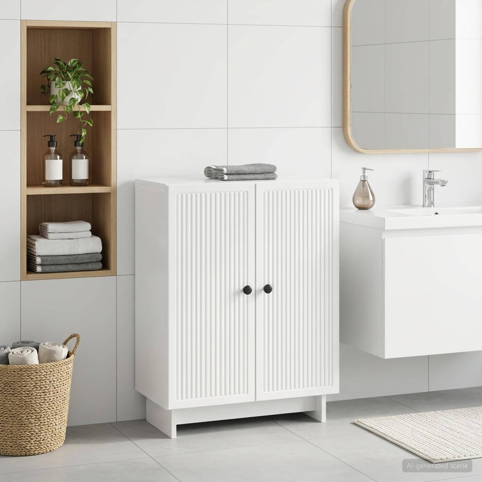 Modernes Badezimmer mit einem weißen Schrank, an der Wand montiertem Waschbecken und Spiegel, offenen Regalen mit Handtüchern und Pflanzen sowie einem Weidenkorb für Wäsche.