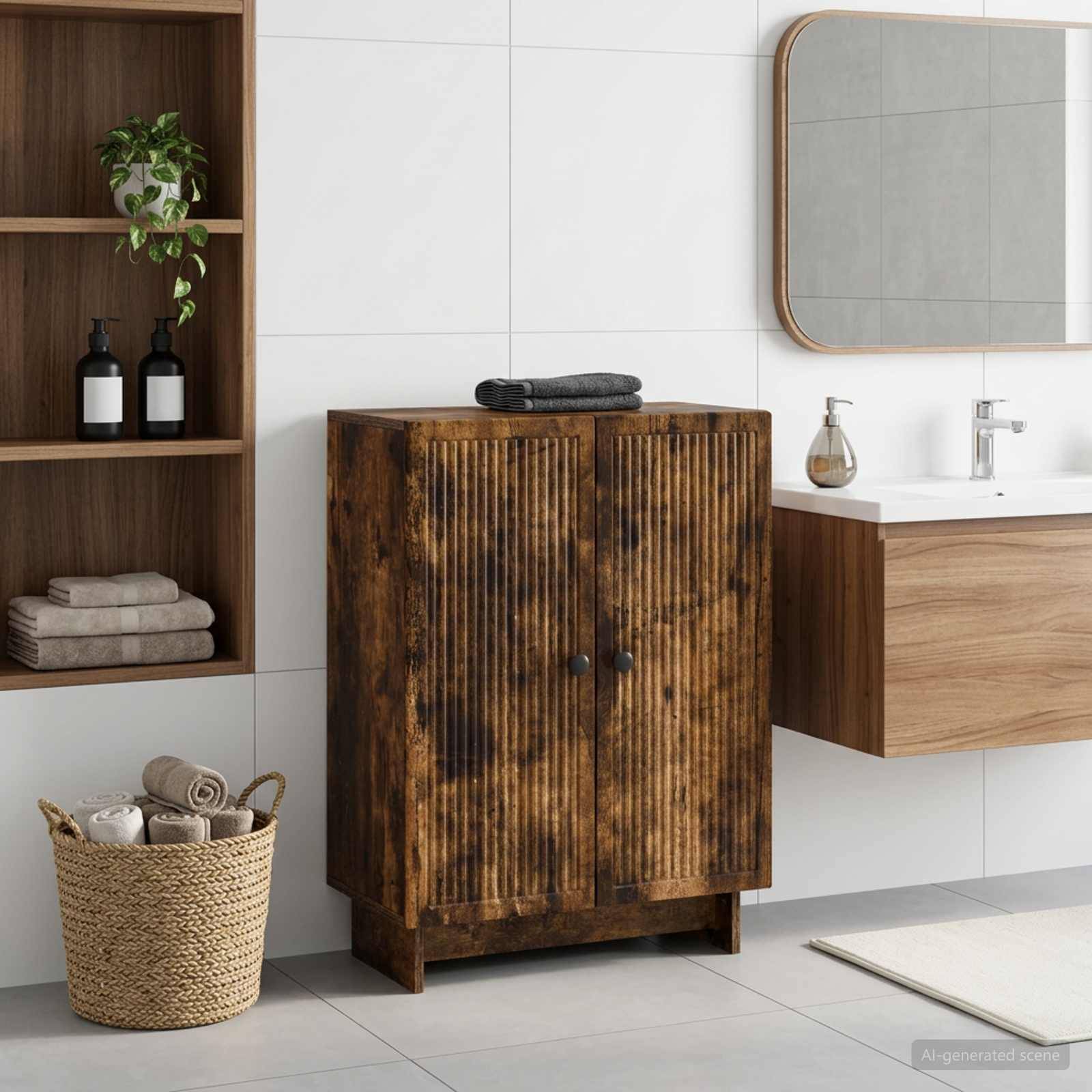 Modernes Badezimmer mit Holzschrank, schwebendem Waschbecken, Spiegel, offenen Regalen und gewebtem Korb mit Handtüchern und Toilettenartikeln.