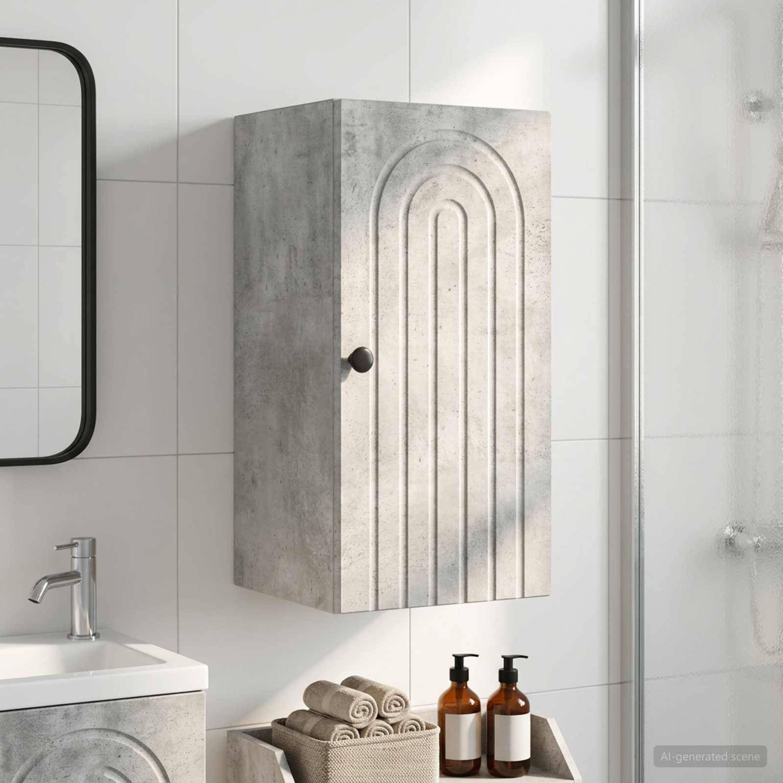 Modernes Badezimmer mit einem an der Wand montierten Schrank über einem Waschbecken und aufgerollten Handtüchern mit Seifenflaschen auf einem kleinen Regal unterhalb einer Dusche.