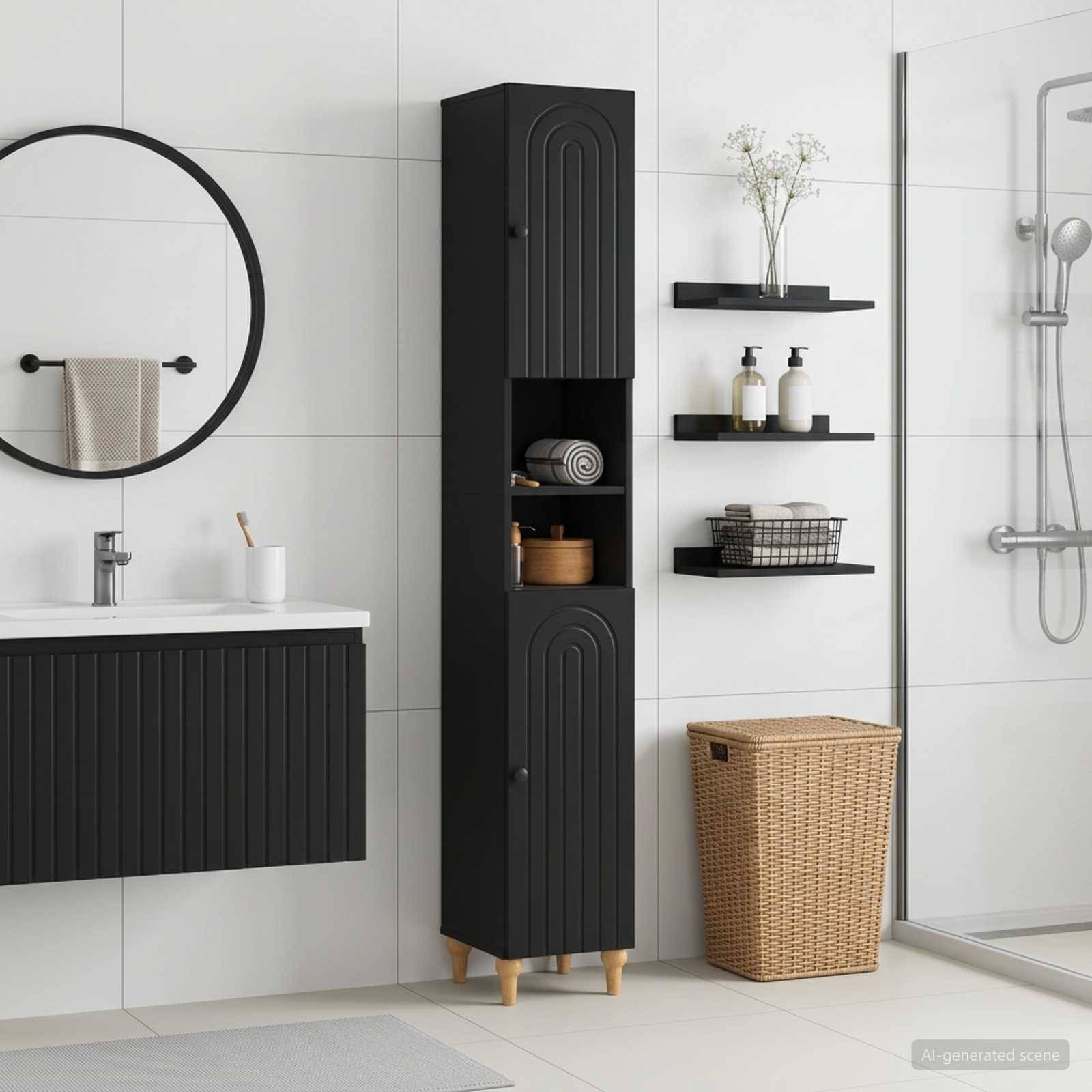 Modernes Badezimmer mit schwarzem Waschtisch, hohem Schrank, schwebenden Regalen, Weidenkorb, rundem Spiegel und gläserner Duschkabine.