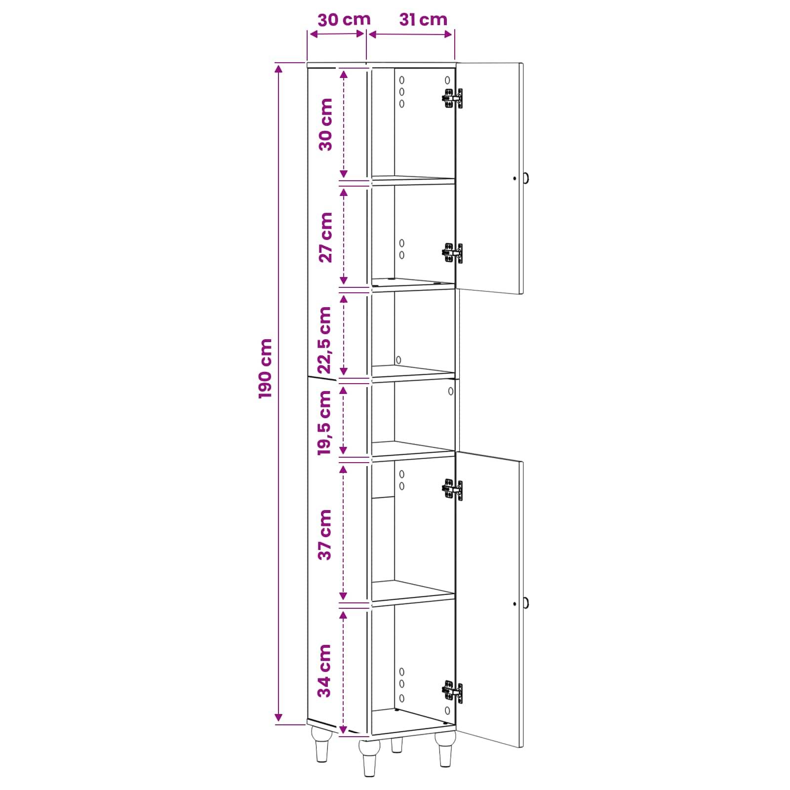 Technische Zeichnung eines hohen Schranks mit den Abmessungen: 190 cm Höhe, 30 cm Breite, 31 cm Tiefe, mit sechs Fächern und Türen, die nach rechts öffnen.