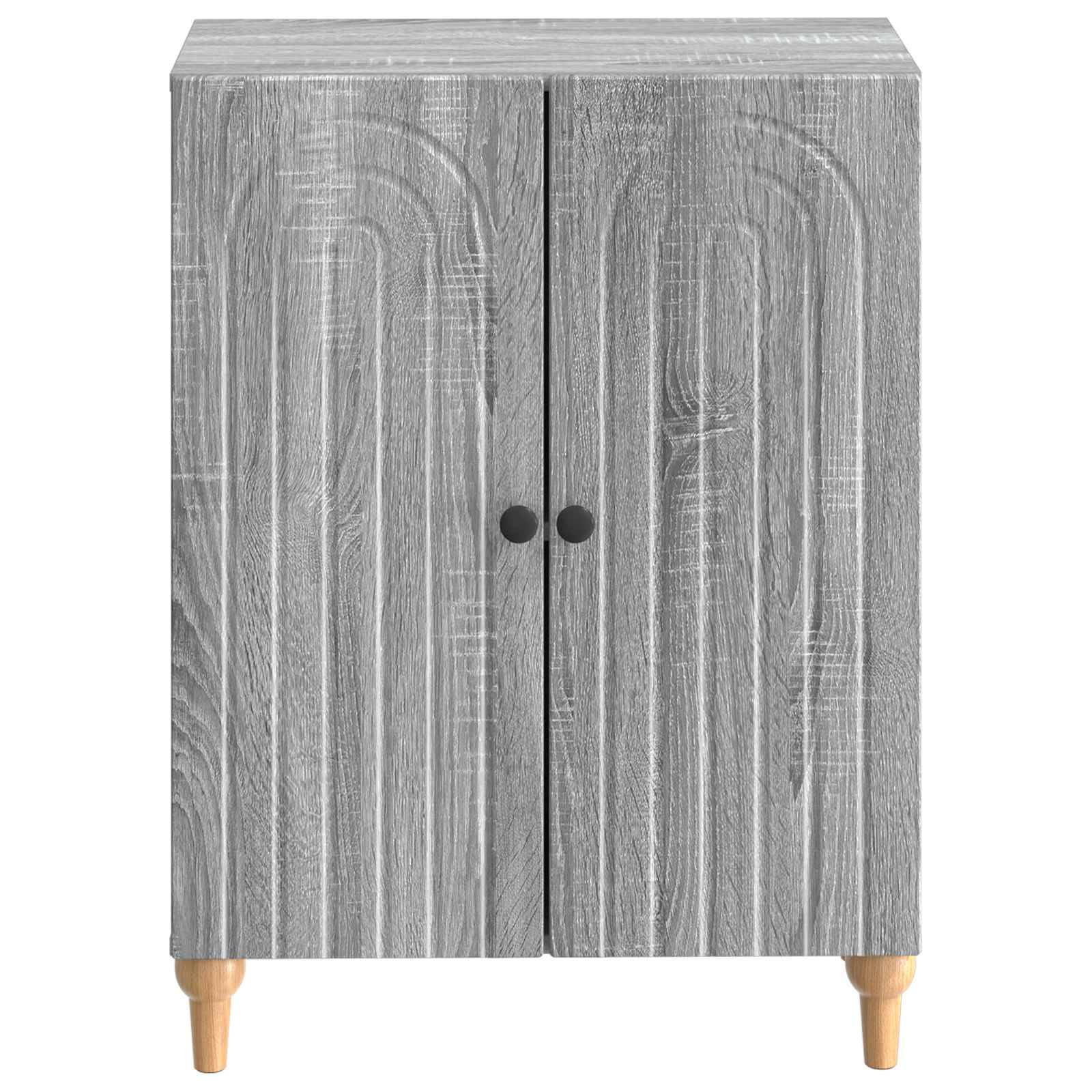 Grauer zweitüriger Holzschrank mit schwarzen Griffen und vier kurzen konischen Beinen.