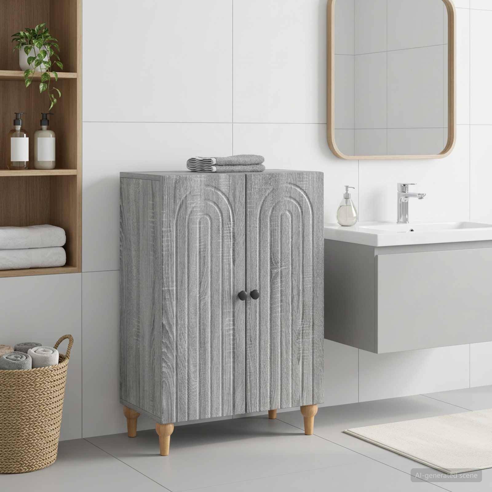 Modernes Badezimmer mit grauem Schrank, an der Wand montiertem Waschbecken und Spiegel, offenen Regalen und gewebtem Korb mit Handtüchern und Toilettenartikeln.