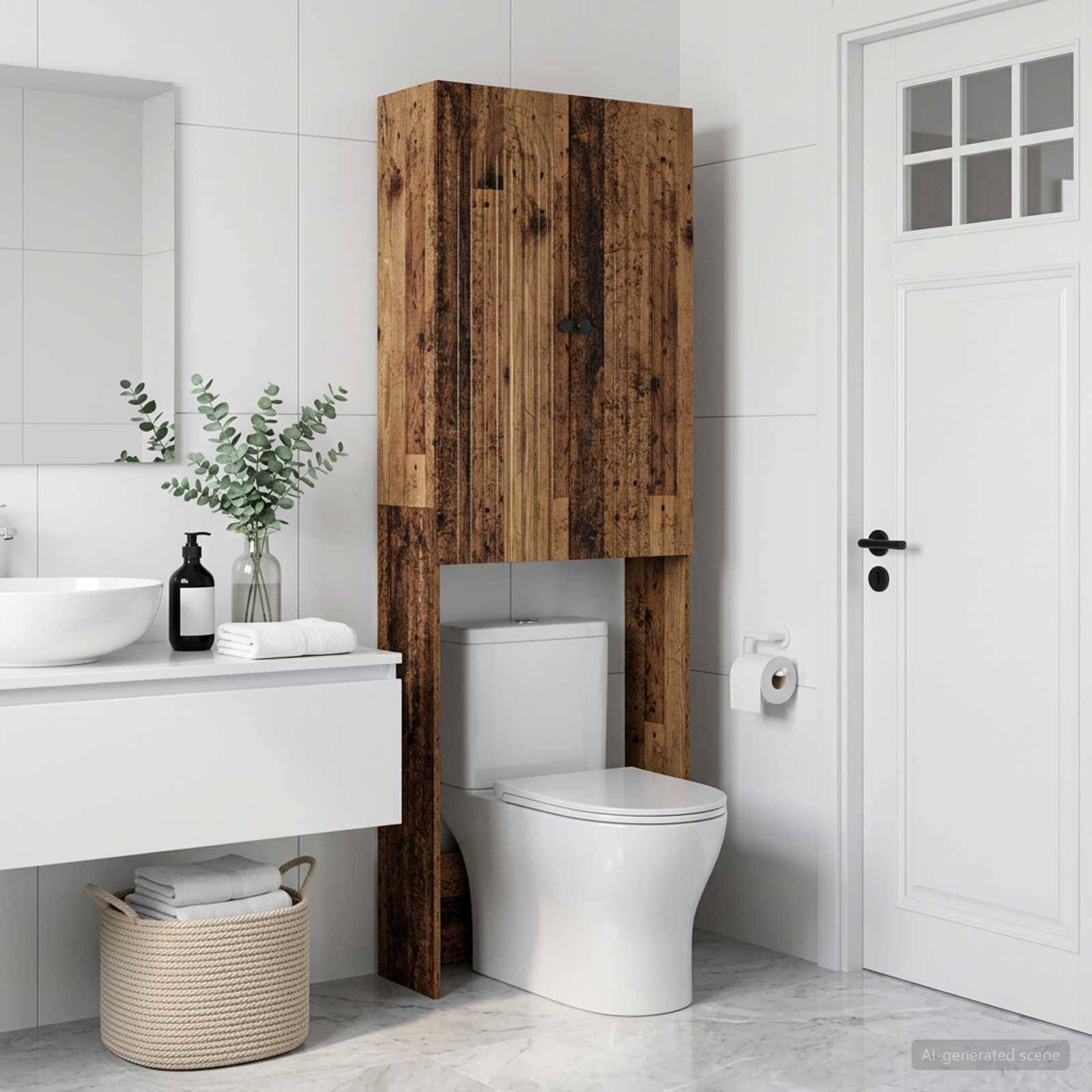 Modernes Badezimmer mit einer in ein rustikales Holzgehäuse integrierten Toilette neben einem weißen Waschtisch, Spiegel und Handtuchtableau.