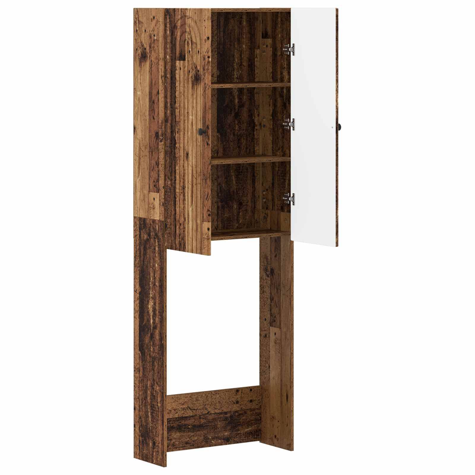 Hohes rustikales Holzschrank mit offenen oberen Regalen, einer kleinen Tür und einem unteren offenen Fach.