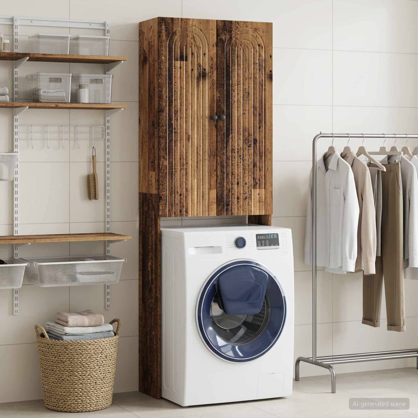 Modernes Waschraumdesign mit einer Frontlader-Waschmaschine, einem Holzschrank darüber, offenen Regalen auf der linken Seite und einem Kleiderstänger auf der rechten Seite.