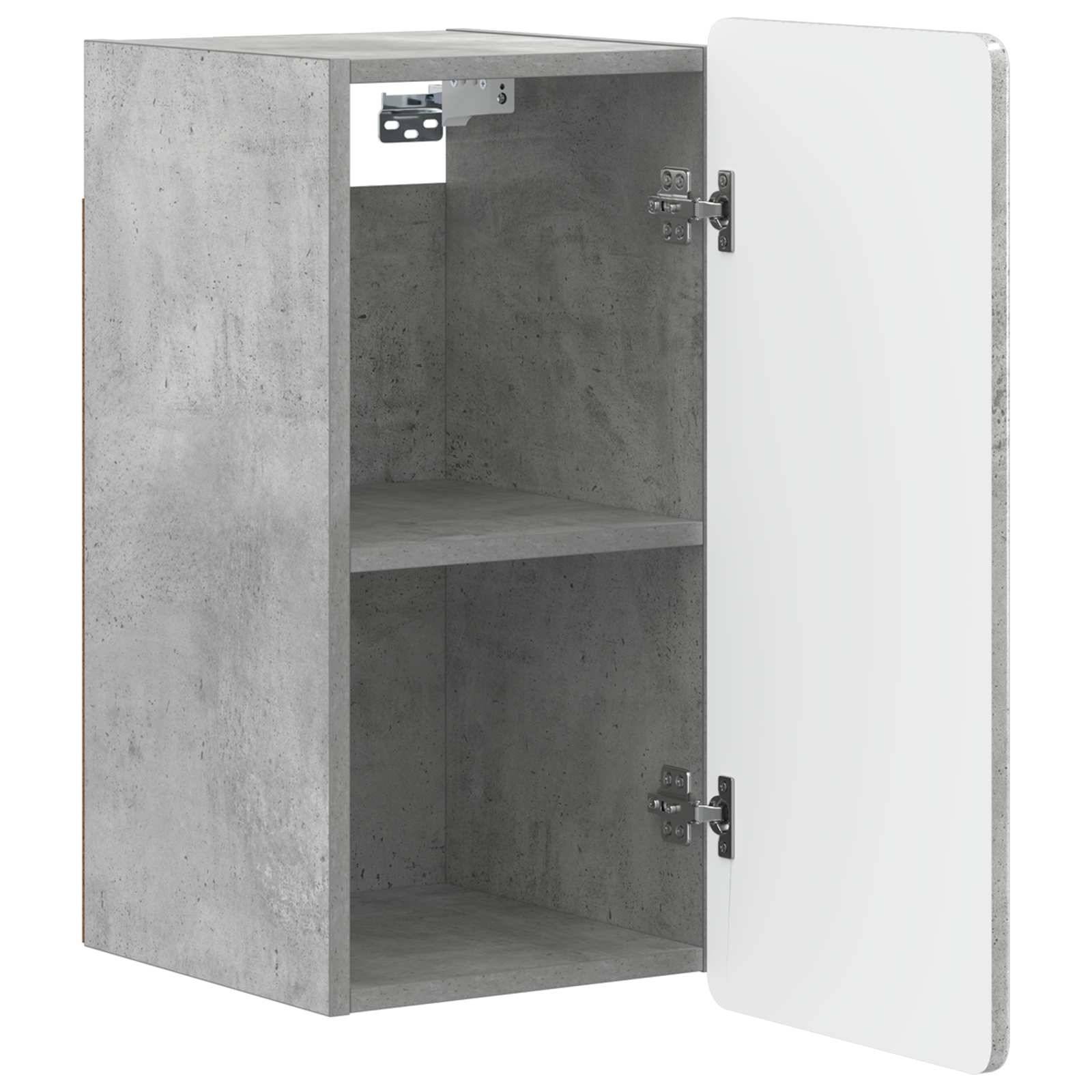 Offenes Wandschrank mit Betonoptik, weiße Tür und zwei innere Regale.