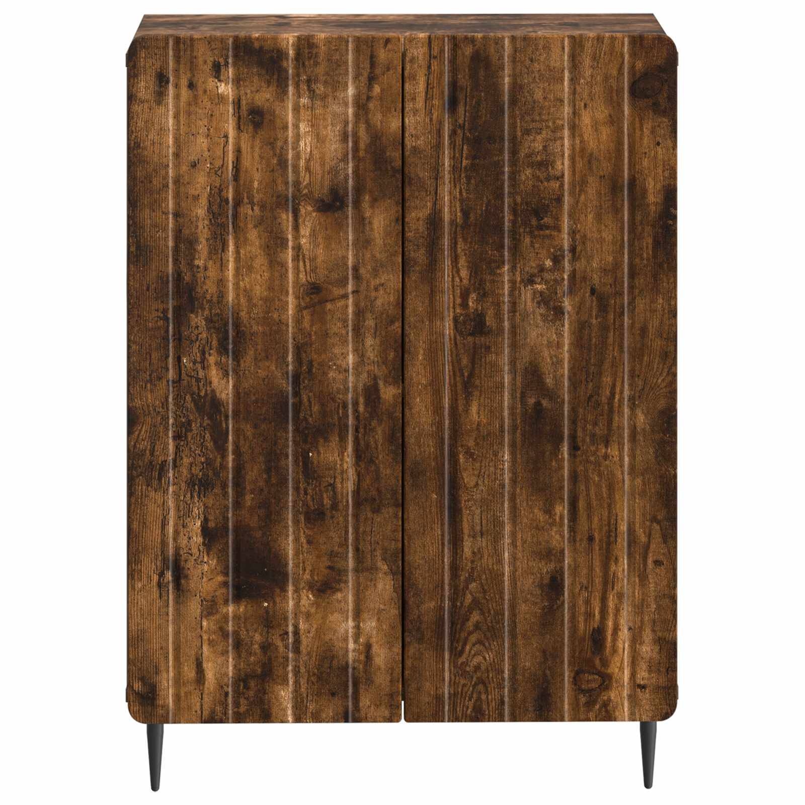 Holzschrank mit zwei vorderen Türen und konischen schwarzen Beinen, gezeigt vor einem einfachen weißen Hintergrund.
