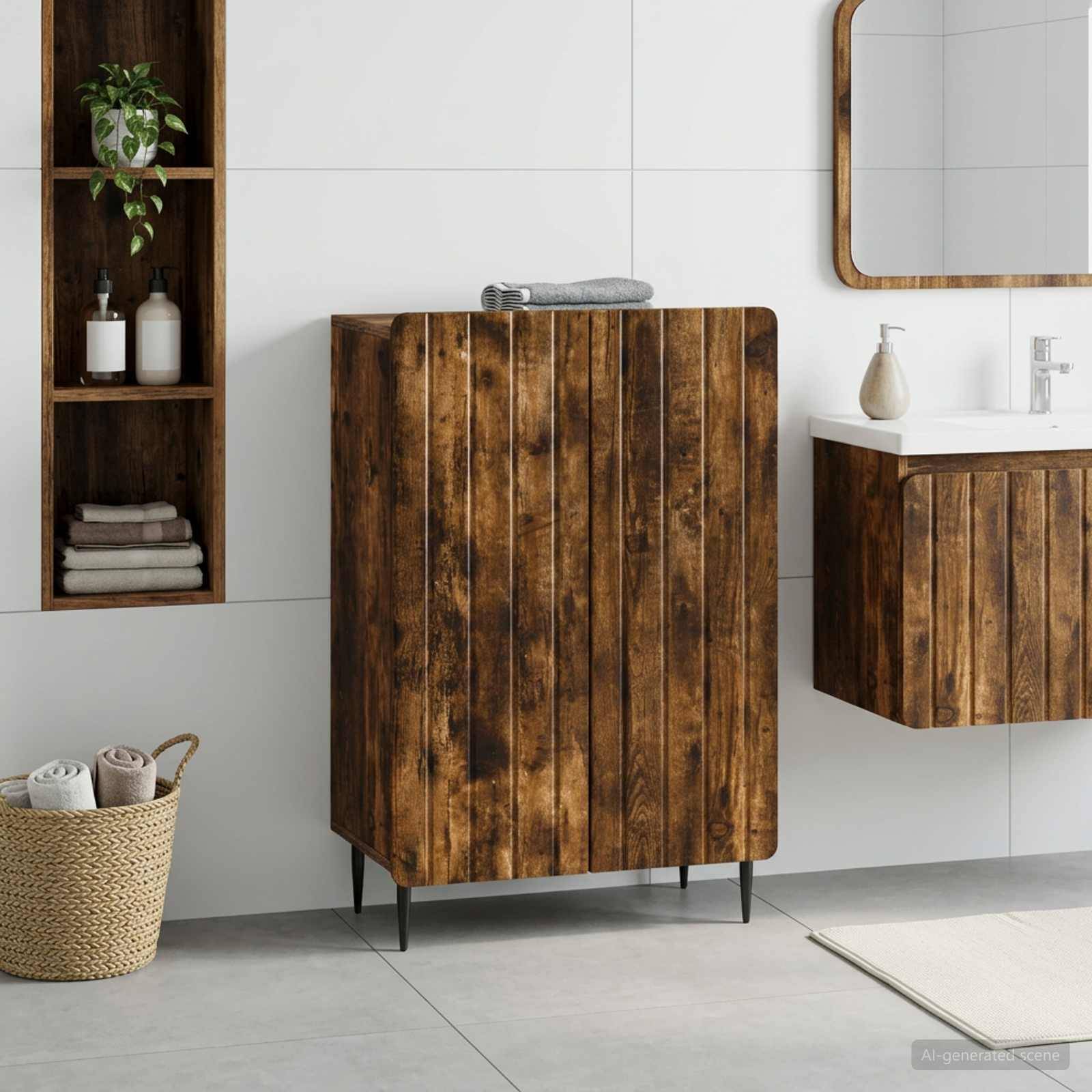 Rustikales Holz-Badezimmerschrank mit weißem Waschbecken, passendem Spiegel, Wandregal und gewebtem Korb in einem minimalistischen Badezimmer.