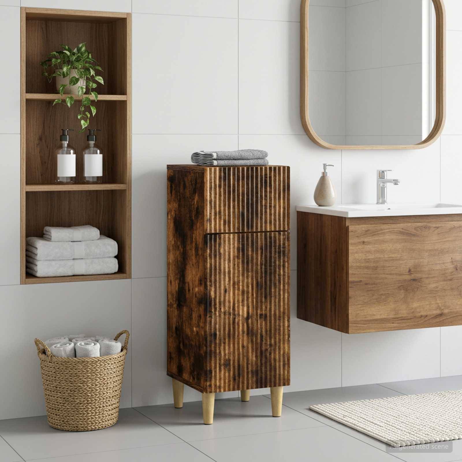 Modernes Badezimmer mit Holzwaschbecken, Wandregal, Spiegel und Schrank; Handtücher, Pflanze, Korb und Teppich schaffen einen minimalistischen Spa-ähnlichen Look.