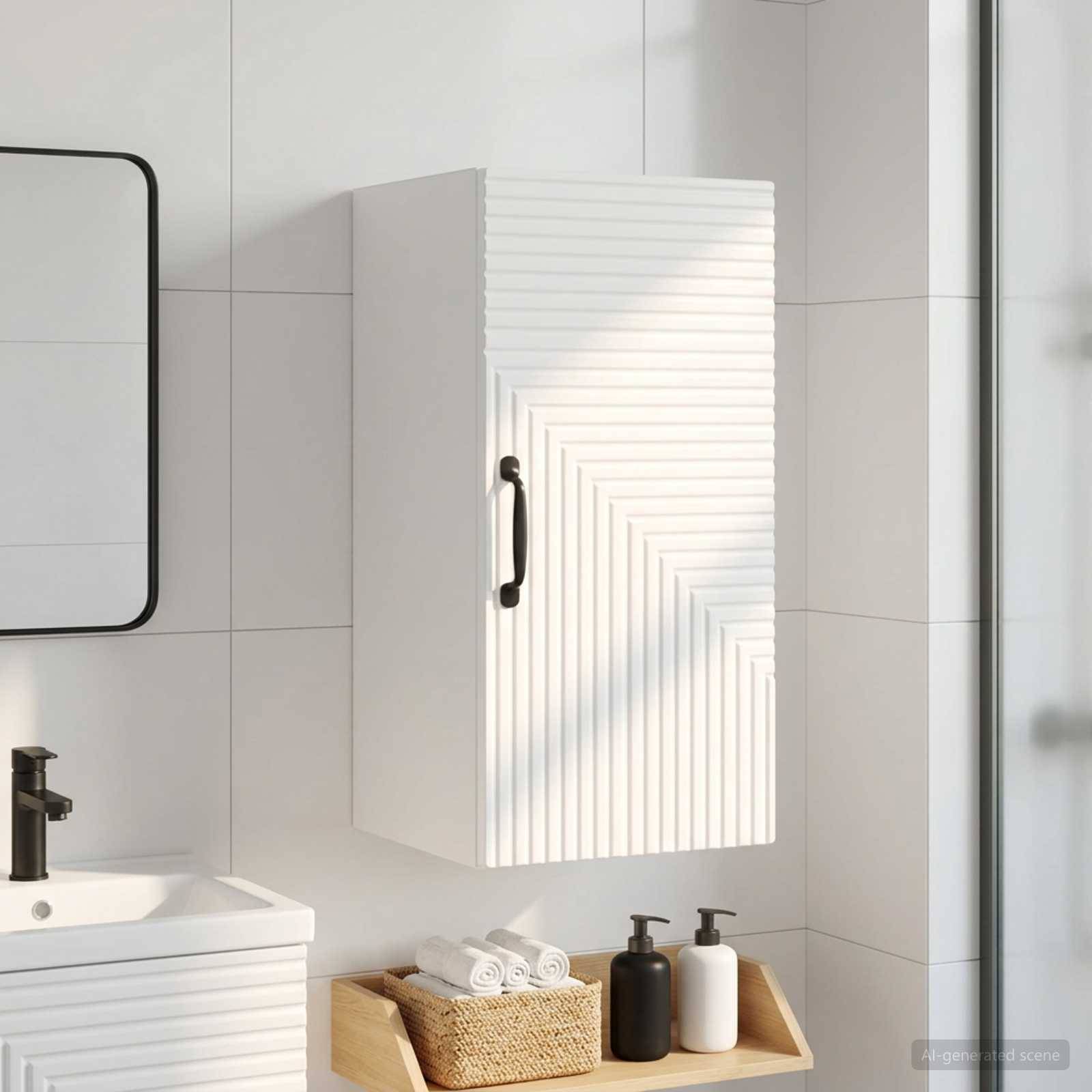 Weißes Badezimmer mit einem gerippten Wandschrank über einem Waschbecken, auf dem Handtücher und Toilettenartikel auf einem Holztablett angeordnet sind, in einem hellen gekachelten Interieur.