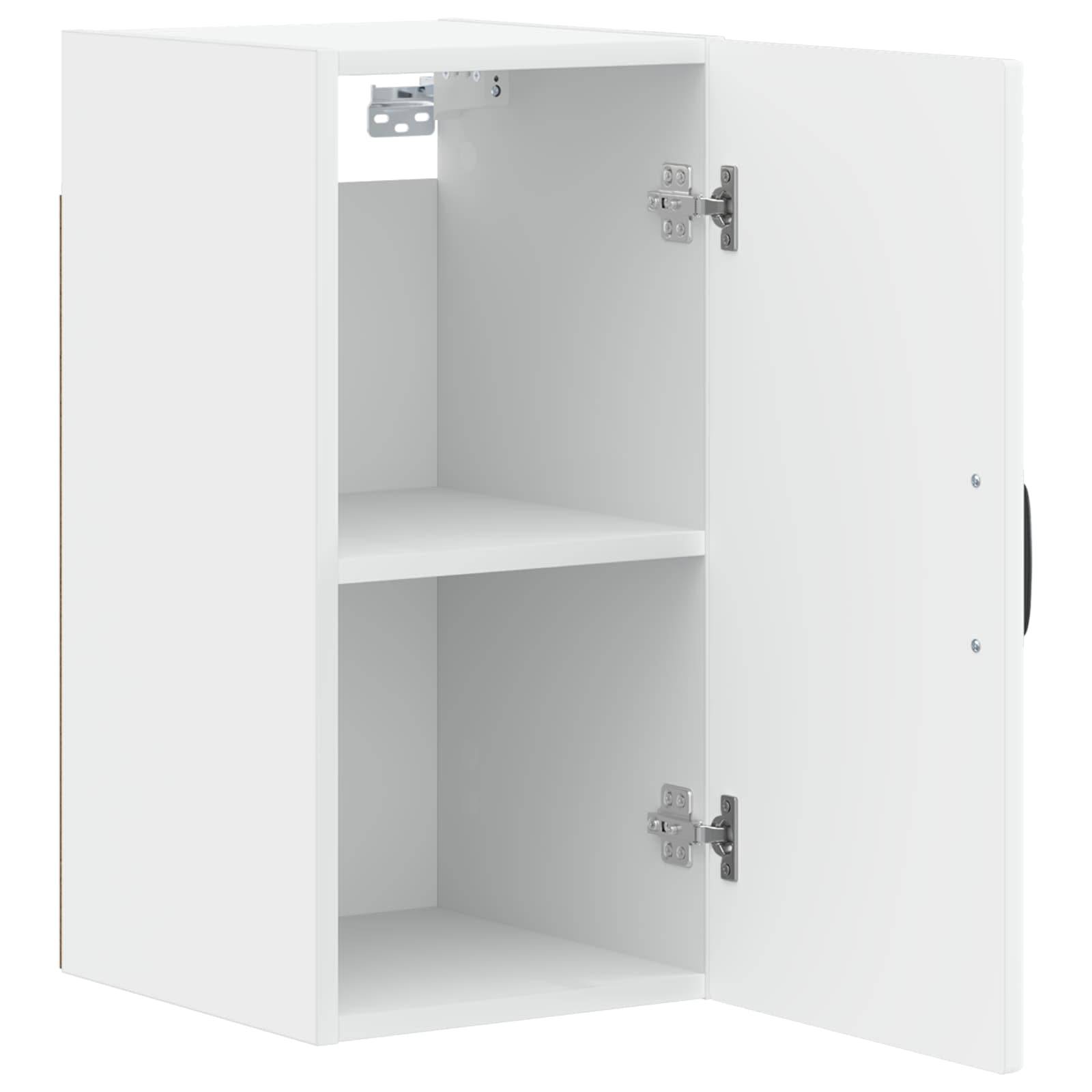 Weißer Wandschrank mit zwei Regalen und offenen Doppeltüren, zeigt Innenraum zum Verstauen und Metallscharniere.