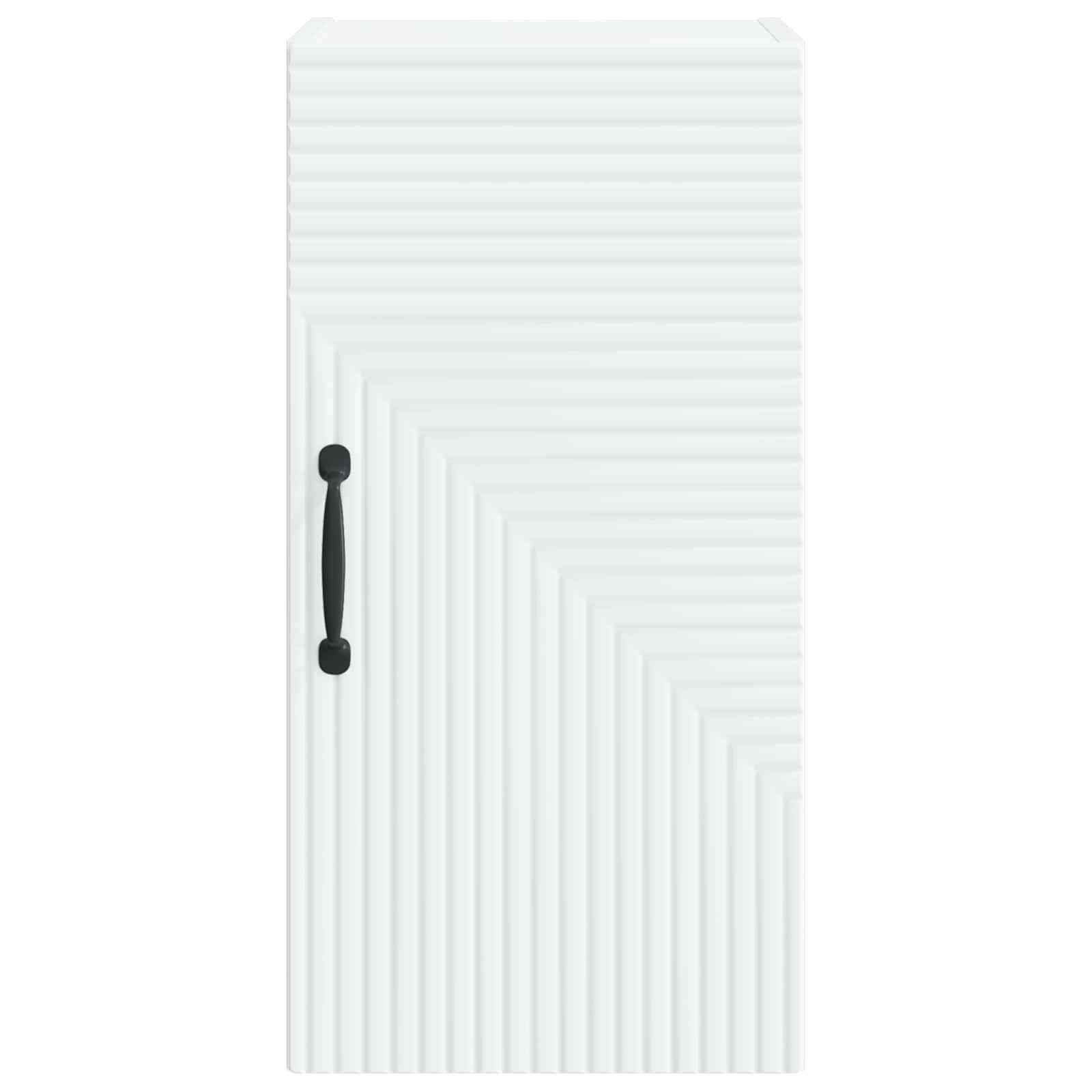 Weiß lamellierter Schrank oder Tür mit schwarzem vertikalem Griff und gestaffeltem Diagonal-Paneldesign.