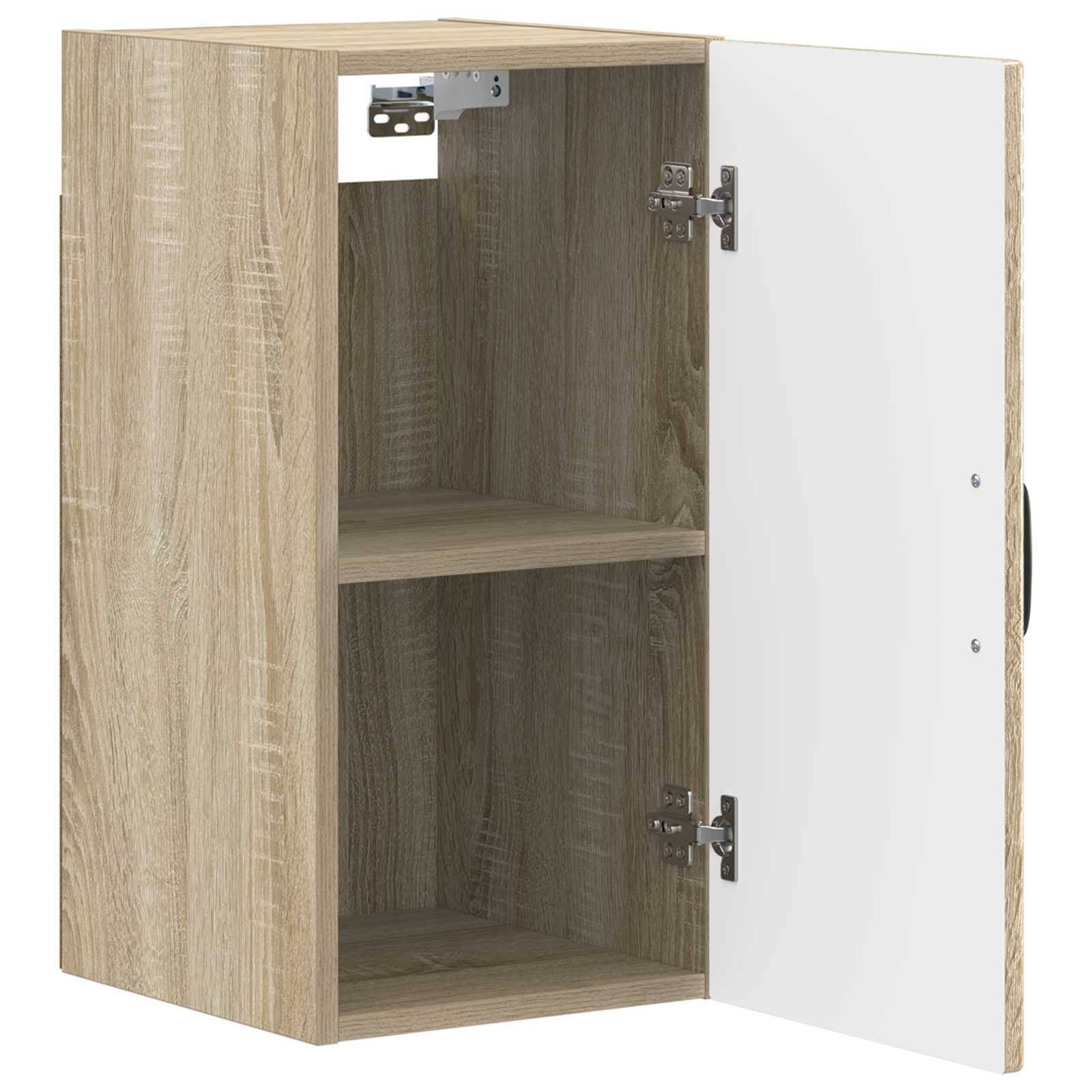 Offener Holzschrank aus hellem Holz mit weißer Tür, zeigt zwei innere Regale und Metallscharniere.