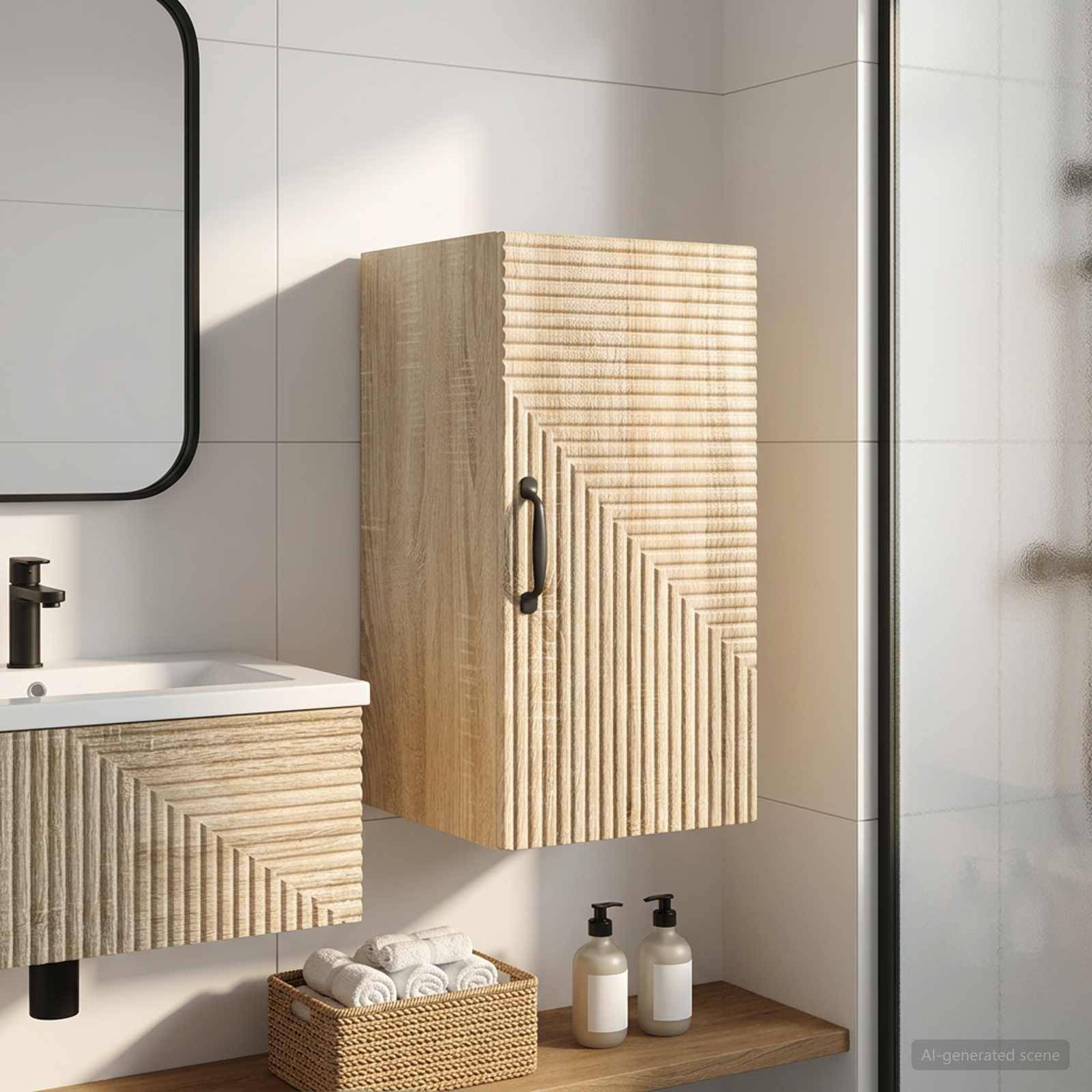 Modernes Badezimmer mit strukturiertem Holz-Waschtisch und Wandschrank, Waschbecken, Spiegel, Duschabtrennung aus Glas und gewebtem Aufbewahrungskorb mit Handtüchern und Toilettenartikeln.