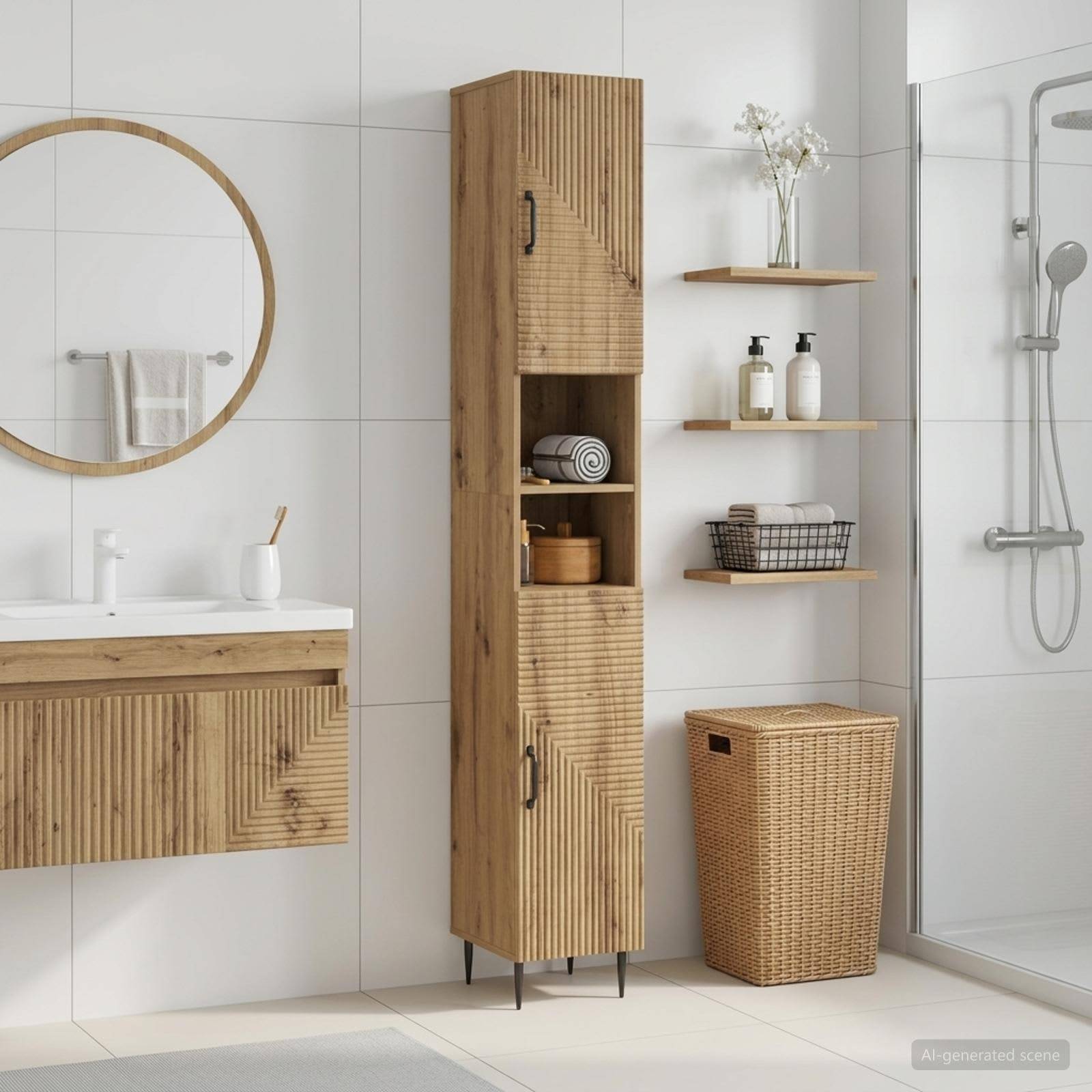 Modernes Badezimmer mit Holz-Waschtisch, rundem Spiegel, hohem Aufbewahrungsschrank, Wandregalen, Weidenkorb und gläserner Duschkabine.