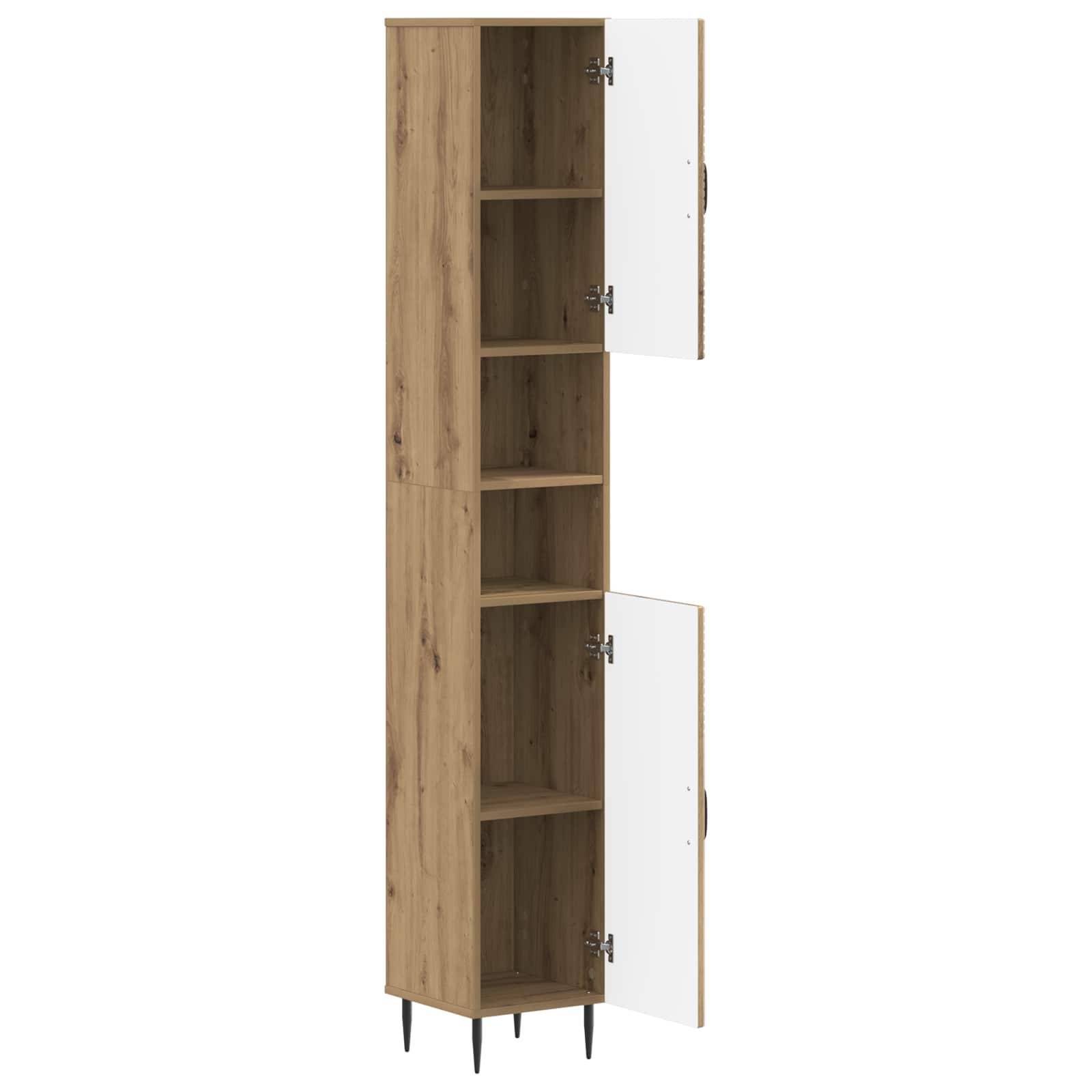 Hoher Holzlagerschrank mit sechs Regalen und zwei offenen Türen, vor weißem Hintergrund dargestellt.