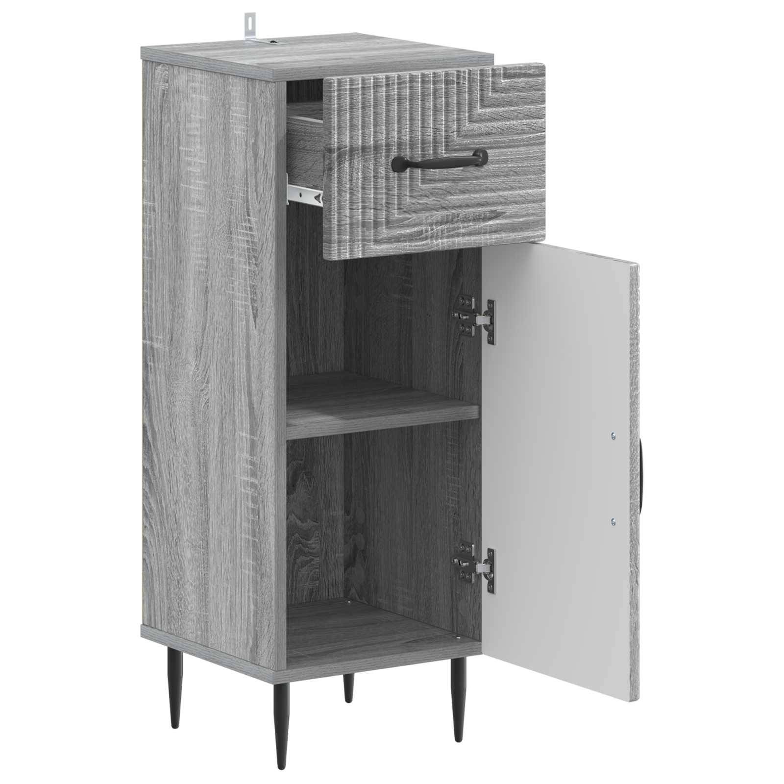 Kleiner grauer Holzschrank mit einer Schublade und einer offenen Tür, die zwei innere Regale und verjüngte Beine zeigt.