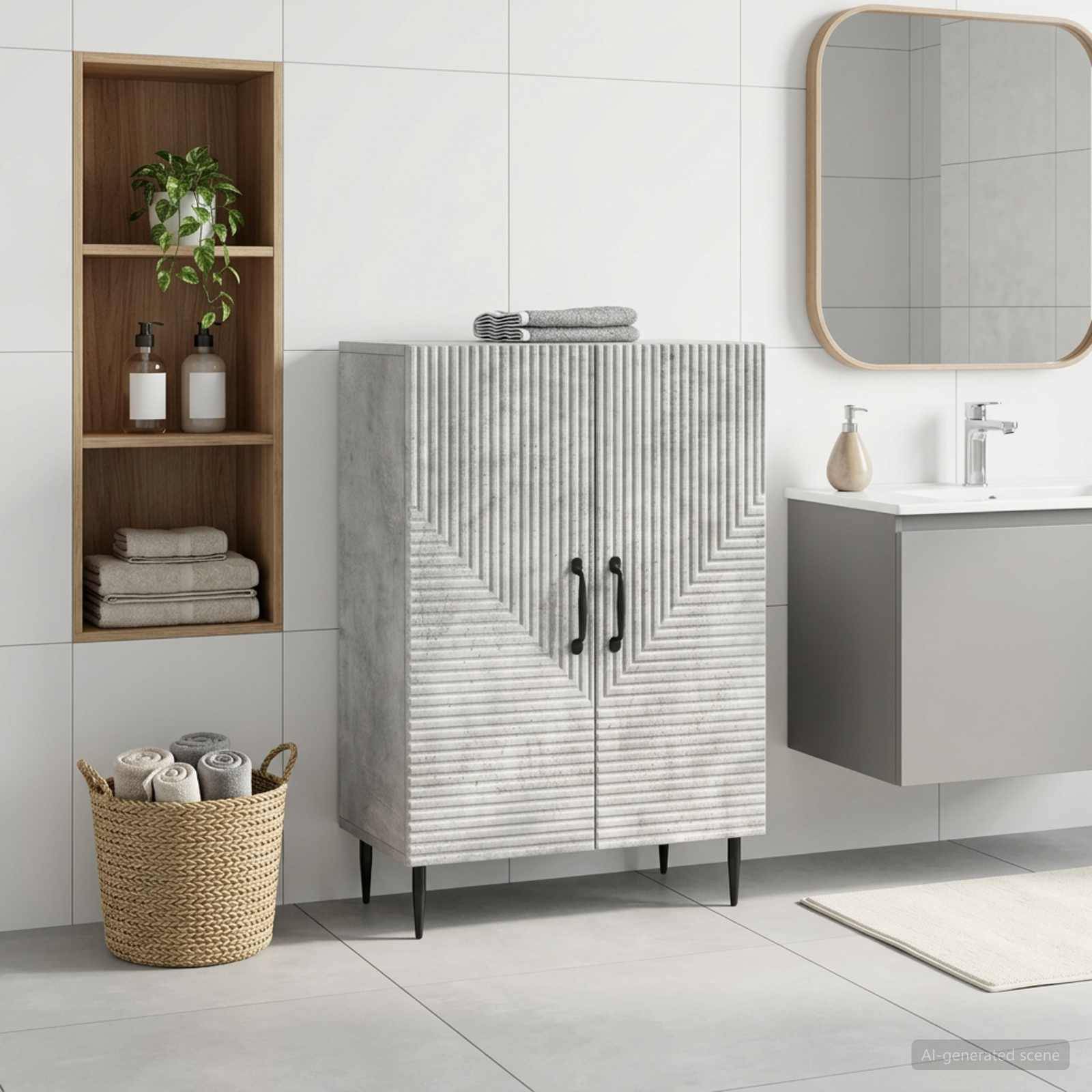 Modernes Badezimmer mit Doppelschrank mit Streifenmuster, offenen Regalen, Korbaufbewahrung, Wandspiegel und schwebendem Waschbecken-Waschtisch auf Fliesenboden.