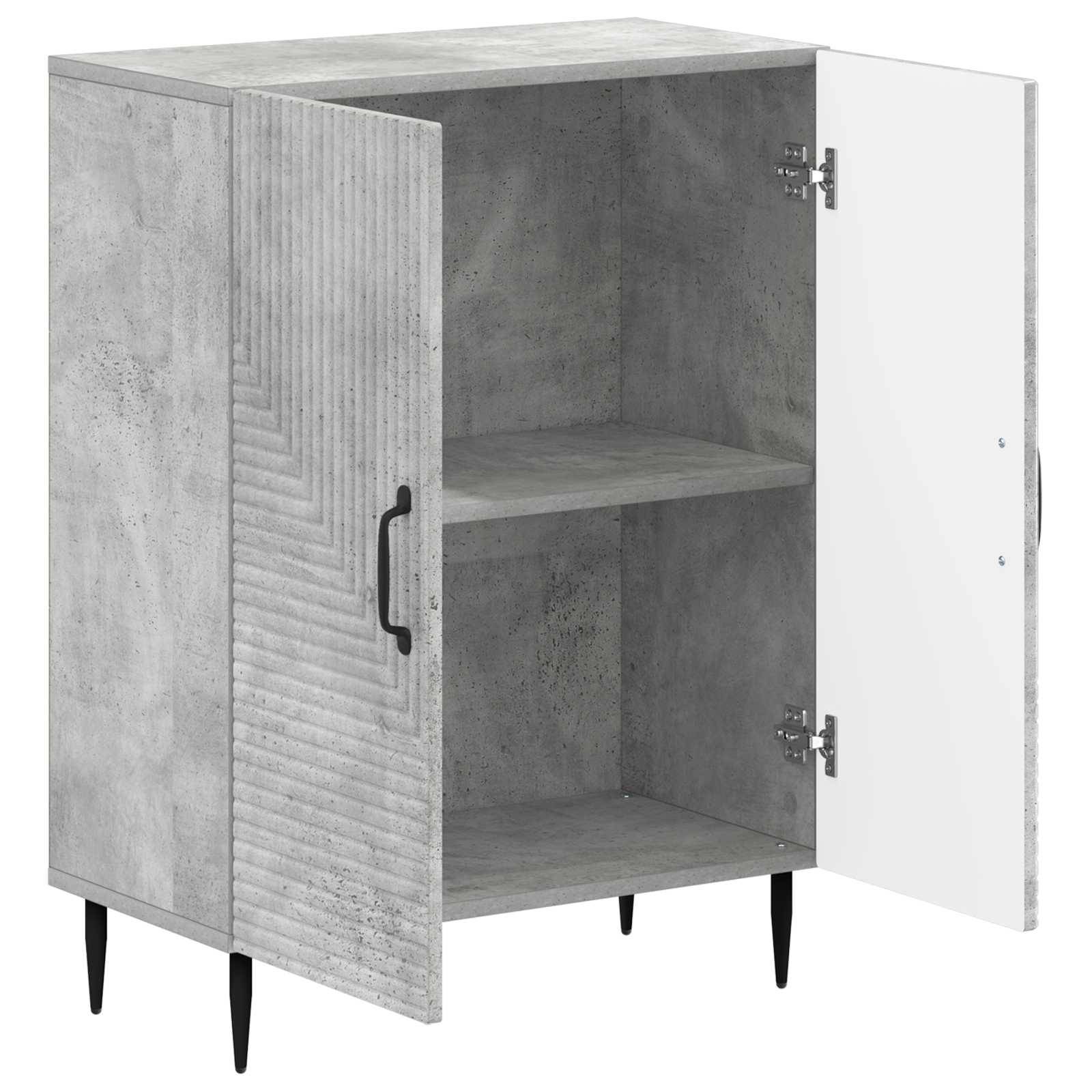 Offener Schrank mit Betonoptik-Oberfläche, eine strukturierte Tür, eine weiße Tür, schwarzer Griff, zwei Regale und abgeschrägte schwarze Beine.