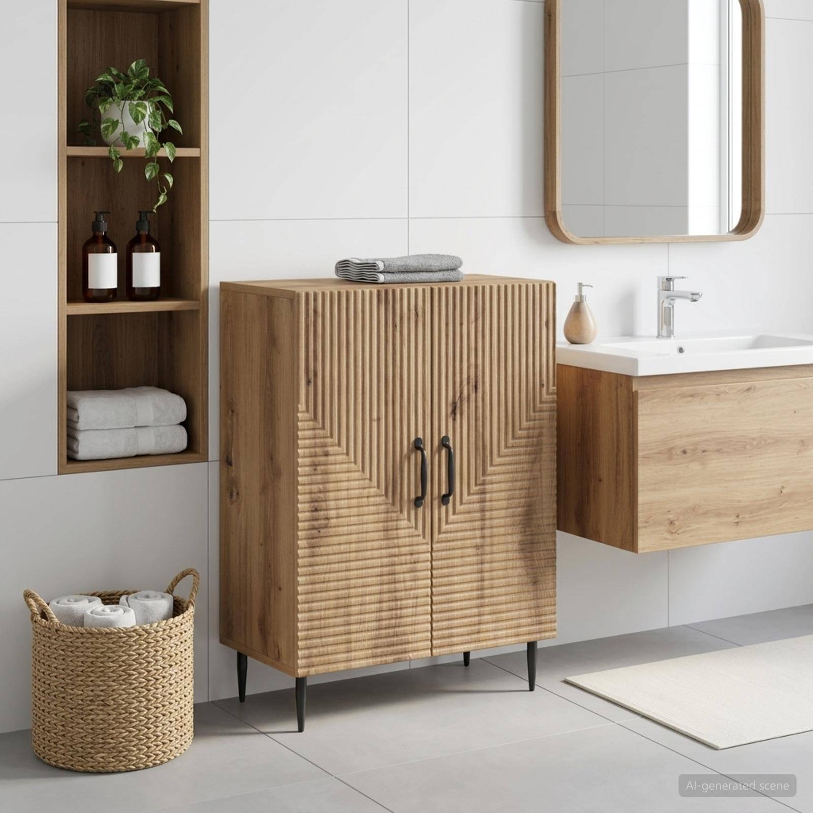 Modernes Badezimmer mit Holzwaschtisch, Wandregal, Waschbecken, Spiegelschrank und Weidenkorb für Wäsche in einem sauberen minimalistischen Interieur.