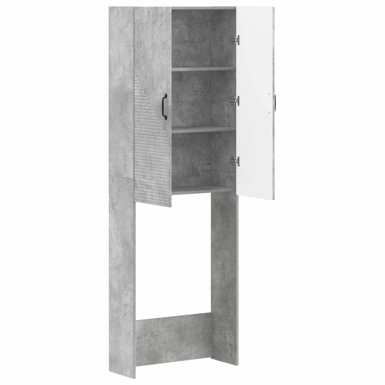 Hoher grauer Schrank mit zwei offenen Türen, Regalen innen und einem offenen Bereich oder Platz darunter.