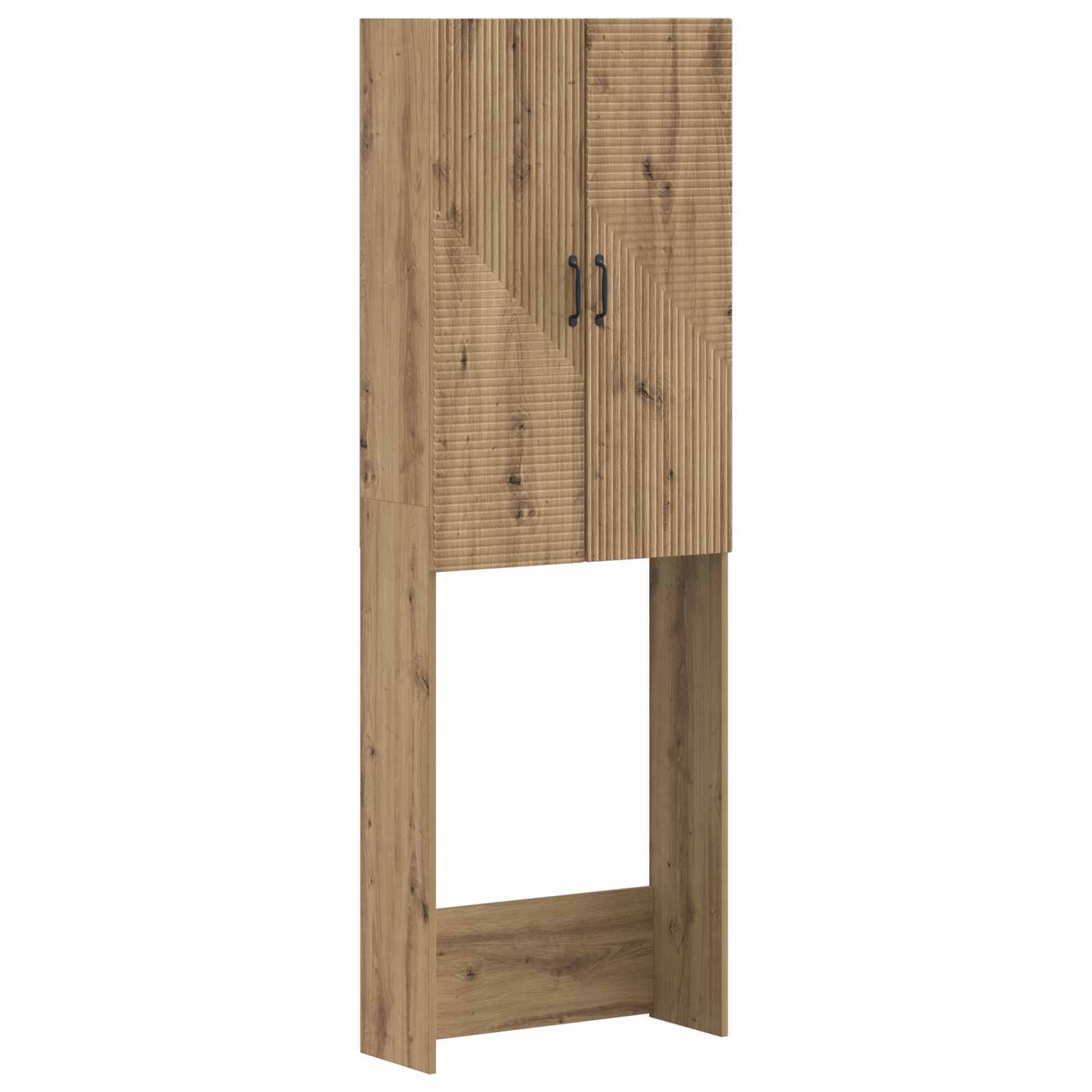 Hohes rustikales Holzschrank mit zwei Türen oben und einem offenen unteren Regal, isoliert auf weißem Hintergrund dargestellt.