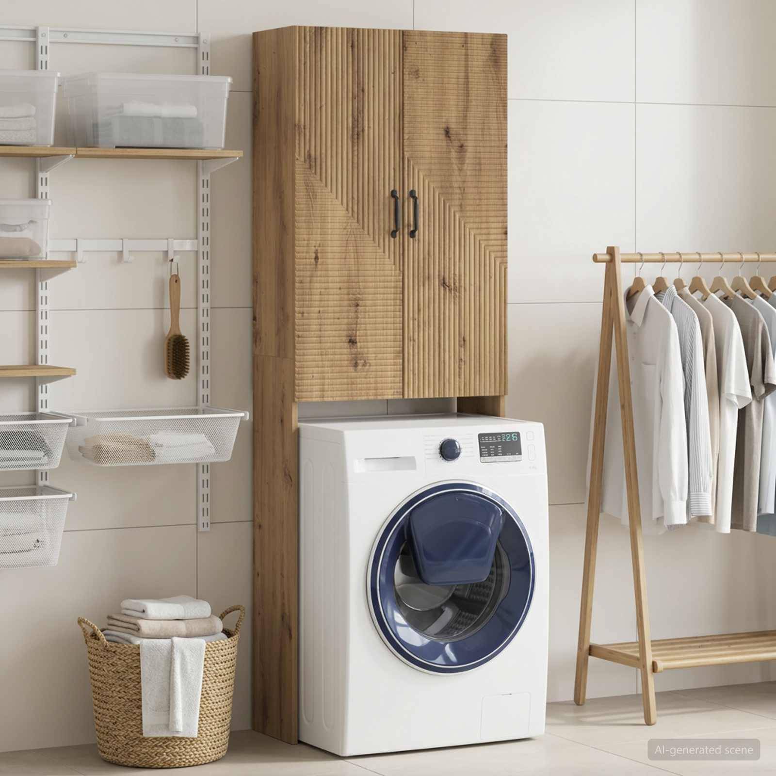 Waschraum mit einer Frontlader-Waschmaschine unter einem Holzschrank, Regalen und Lagerbehältern auf der linken Seite und einem Kleiderständer auf der rechten Seite.
