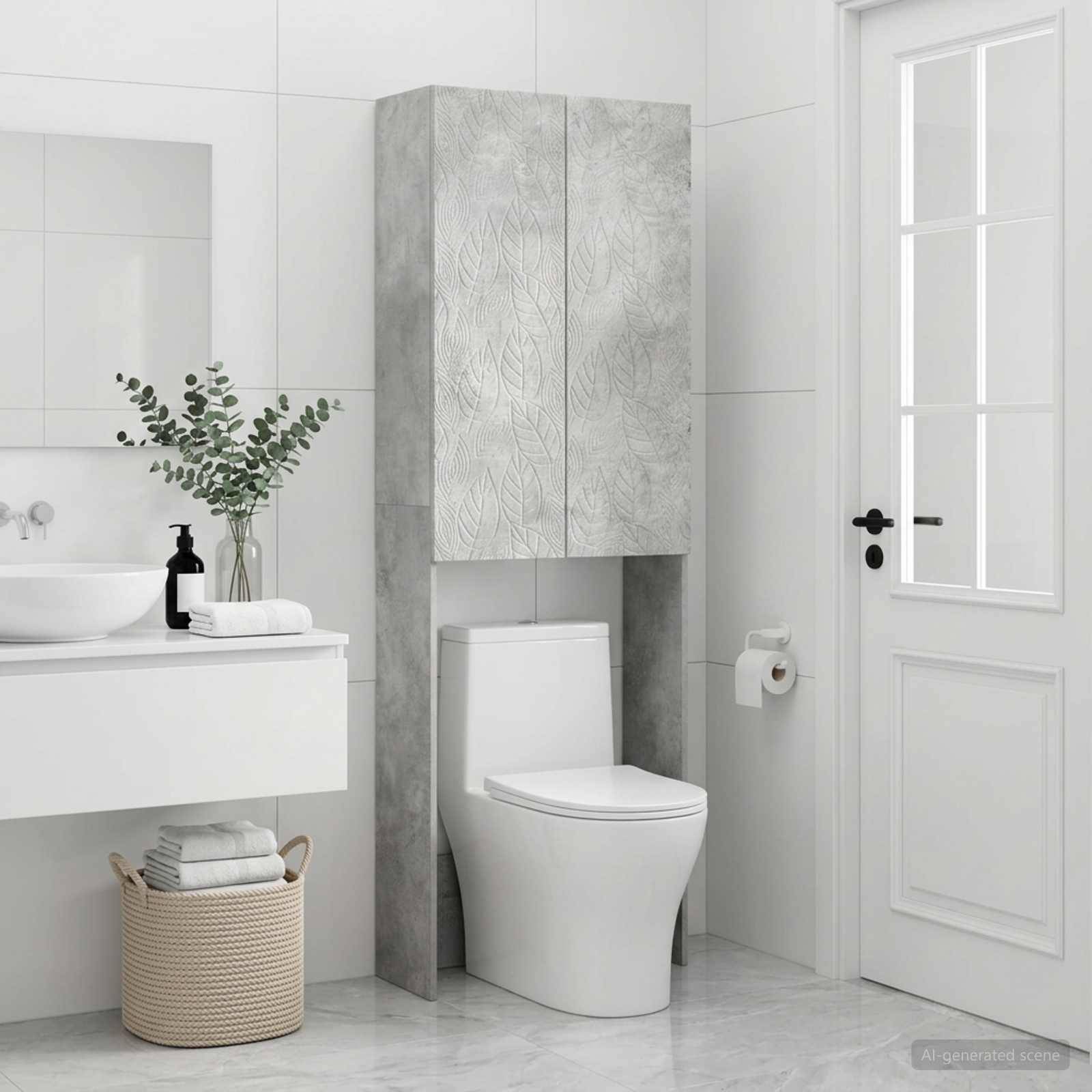 Helles modernes Badezimmer mit weißem Waschbeckenunterschrank, Toilette, Glastür und hohem gemustertem Schrank mit Stauraum über der Toilette.