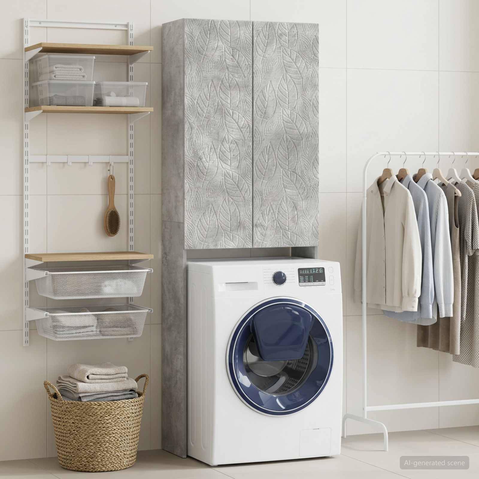 Minimalistischer Waschraum mit einer Frontladerwaschmaschine, Oberschrank, Wandregalen mit Behältern und Handtüchern, einem Korb und einem Kleiderständer mit hängenden Kleidern.