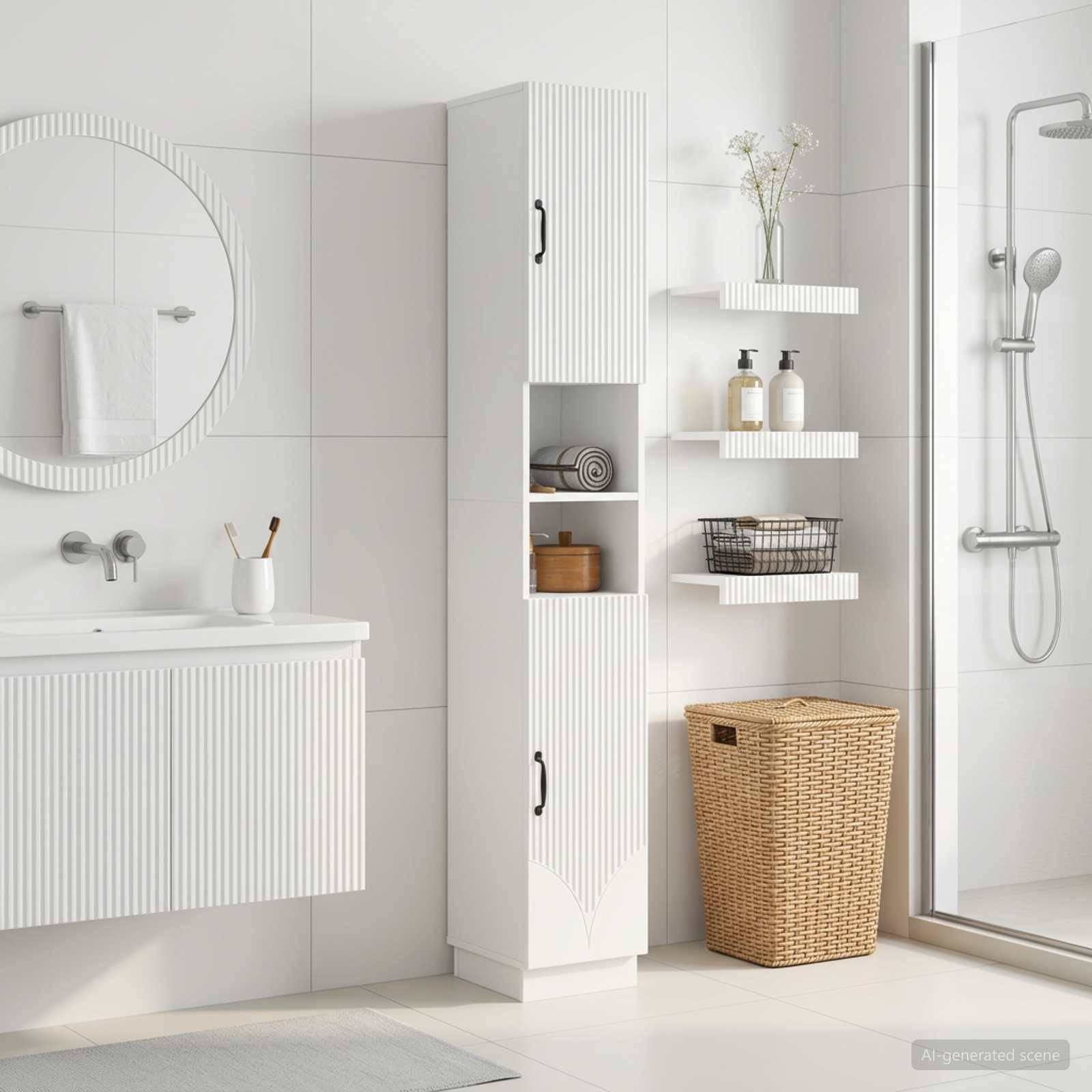 Helles modernes Badezimmer mit weißem Waschtisch, rundem Spiegel, hohem Schrank, Wandregalen, Weidenkorb und gläserner Duschkabine.