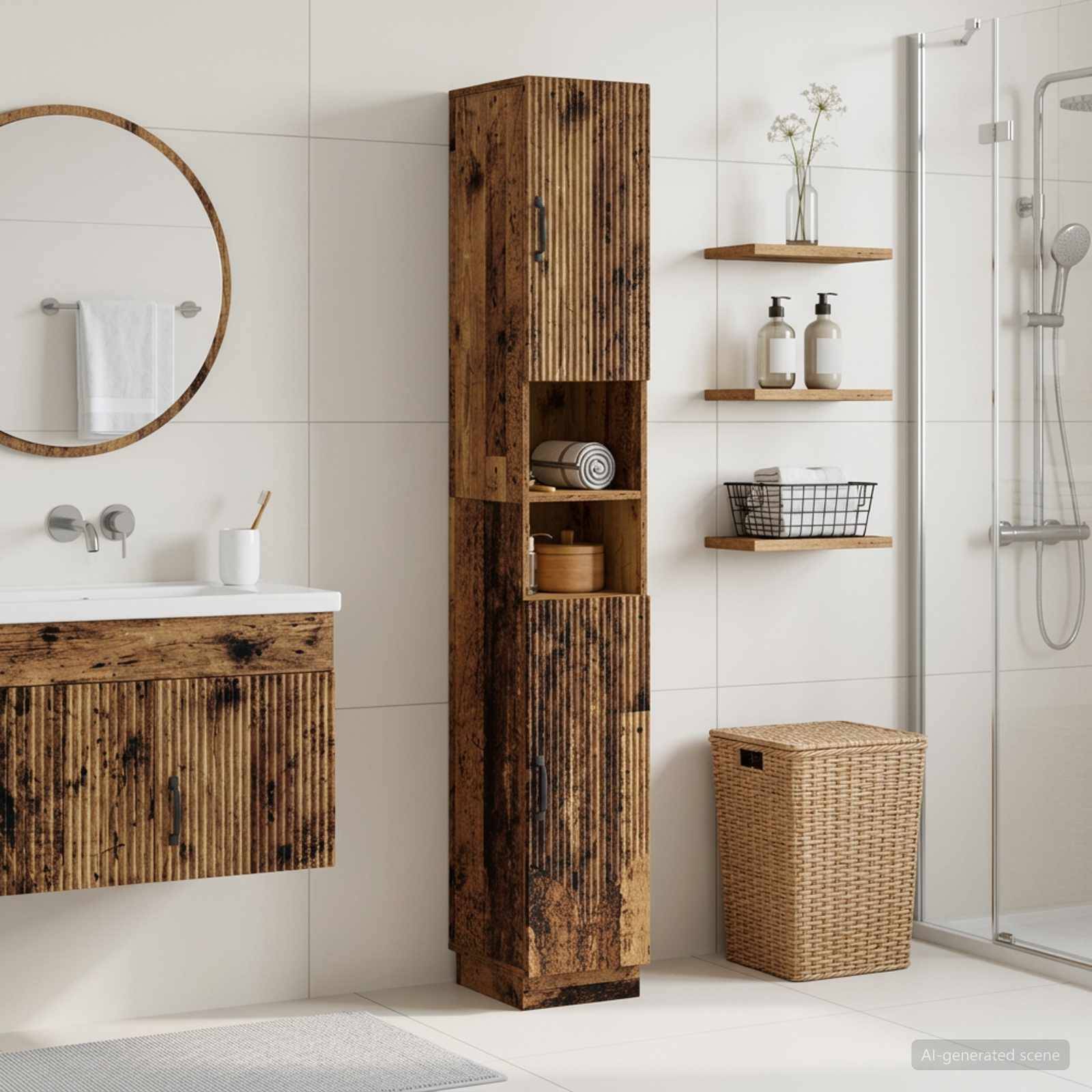 Modernes Badezimmer mit rustikalem Holzwaschbecken und hohem Aufbewahrungsschrank, rundem Spiegel, schwebenden Regalen mit Badeutensilien, Weidenkorb und gläserner Duschkabine.
