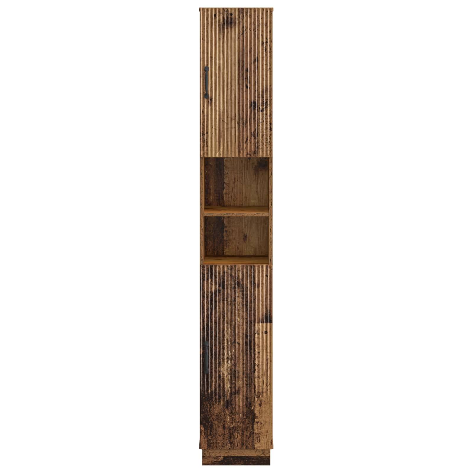 Hohes, schmales Holzschrank mit rustikalem, abgenutztem Finish, zwei offenen mittleren Regalen und einem lamelliertem Frontpaneel.