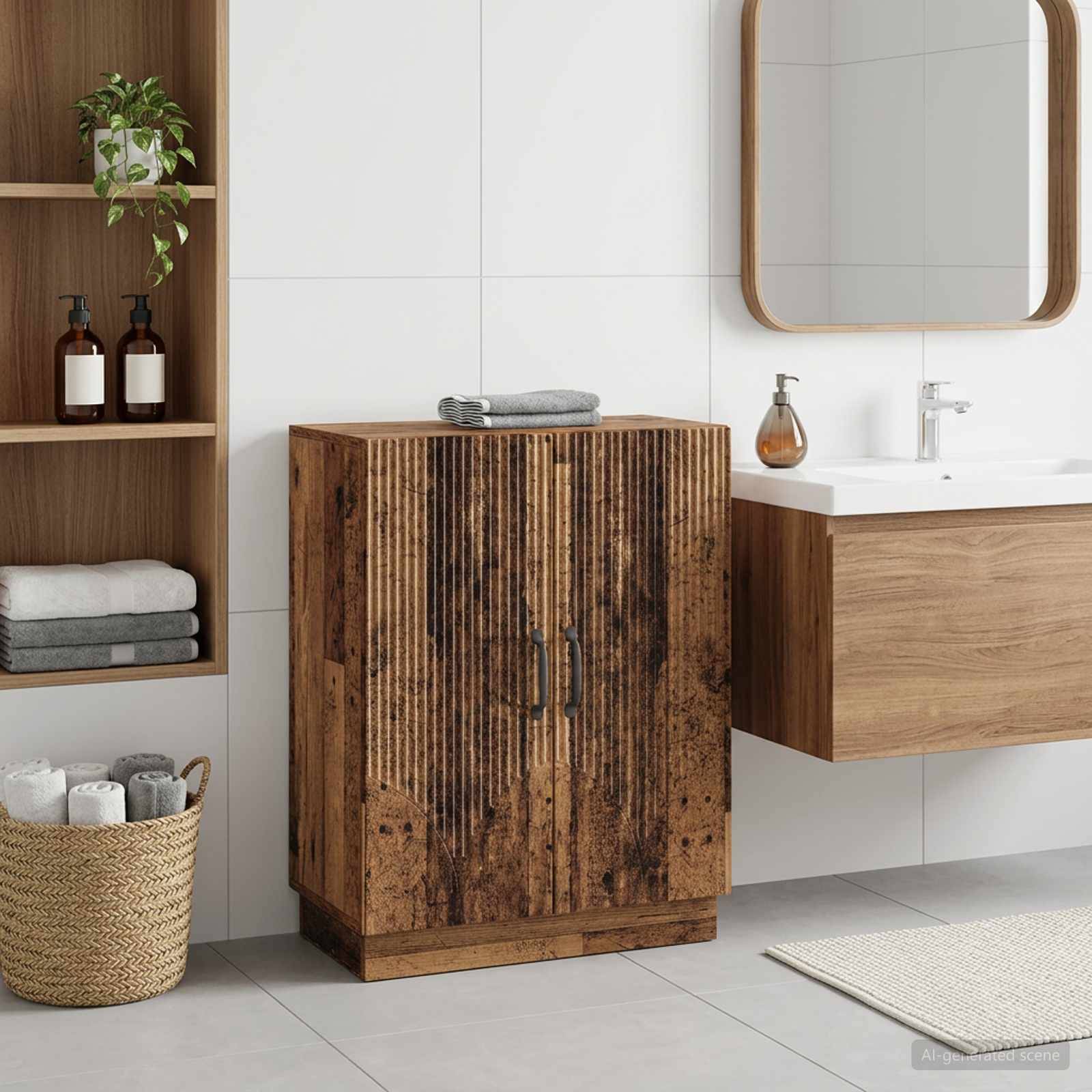 Modernes Badezimmer mit rustikalem Holzschrank, wandmontagiertem Waschtisch, Spiegel, offenen Regalen und geflochtenen Körben mit Handtüchern und Toilettenartikeln.