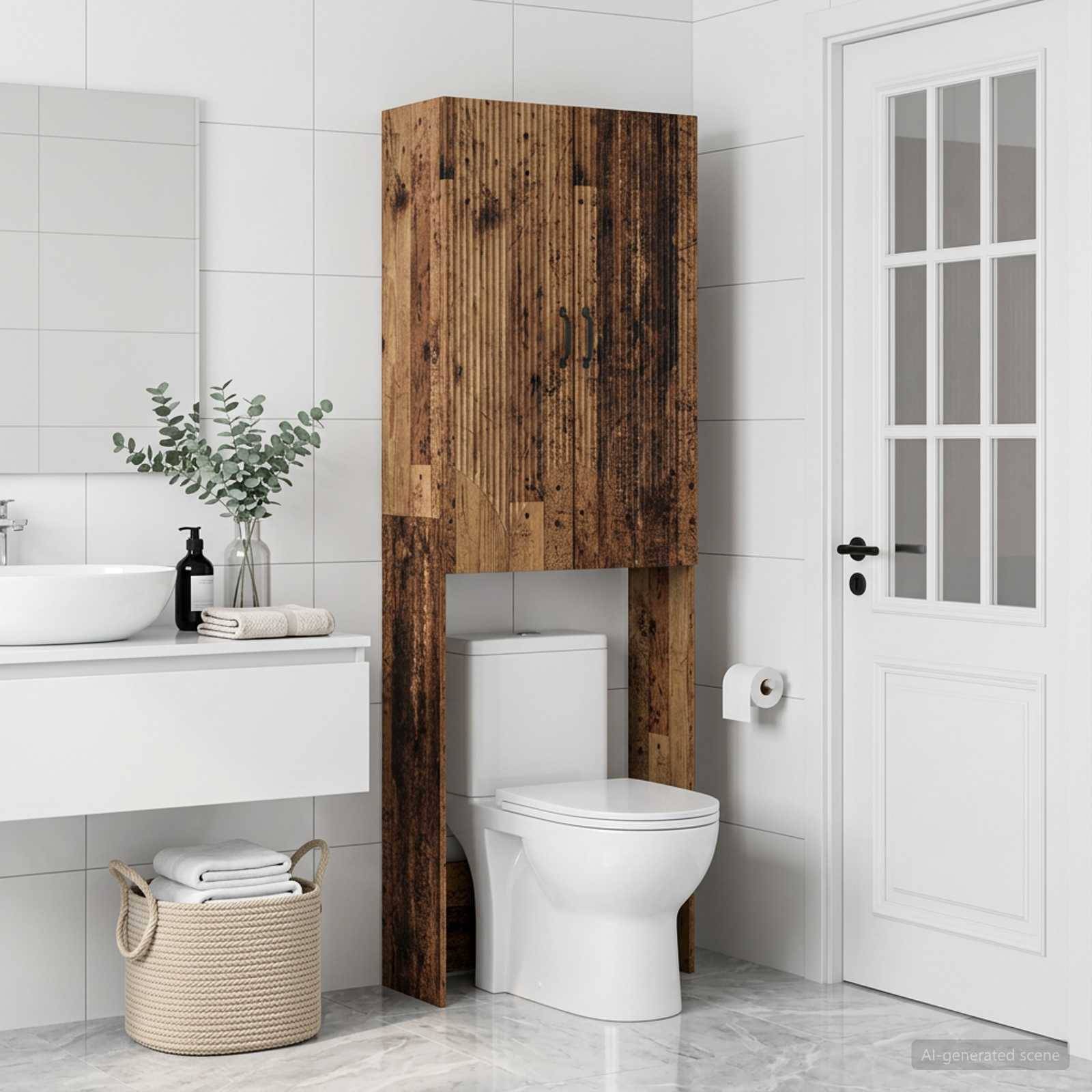Modernes Badezimmer mit einer weißen Toilette, die in ein rustikales Holzgehäuse integriert ist, neben einem wandmontierten Waschbecken, einem Korb und einer weißen Tür.