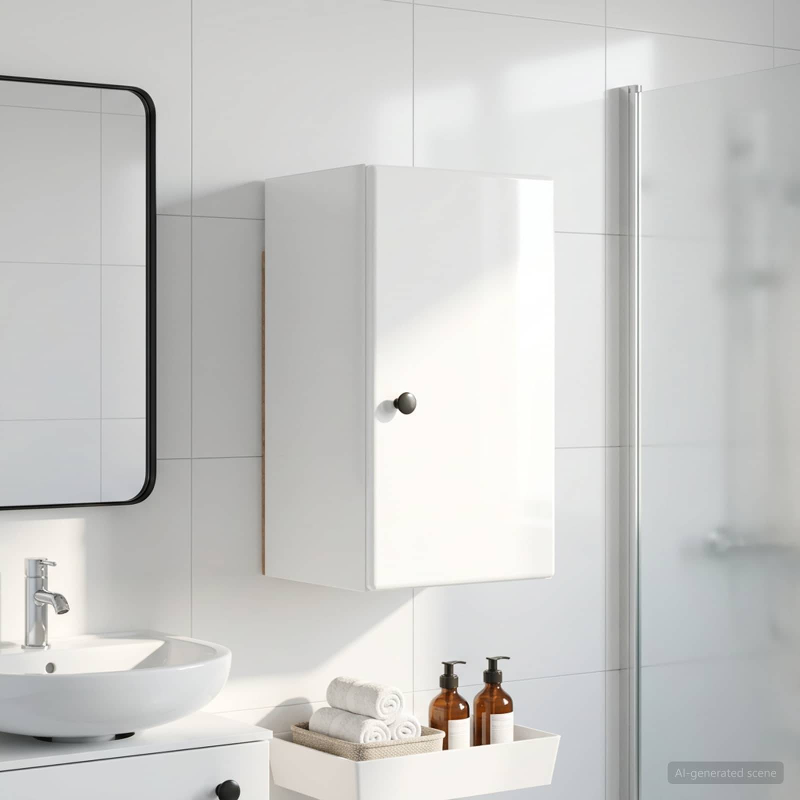 Modernes weißes Badezimmer mit Wandschrank, Waschbecken, Spiegel, Duschkabine und ordentlich arrangierten Handtüchern und Toilettenartikeln.
