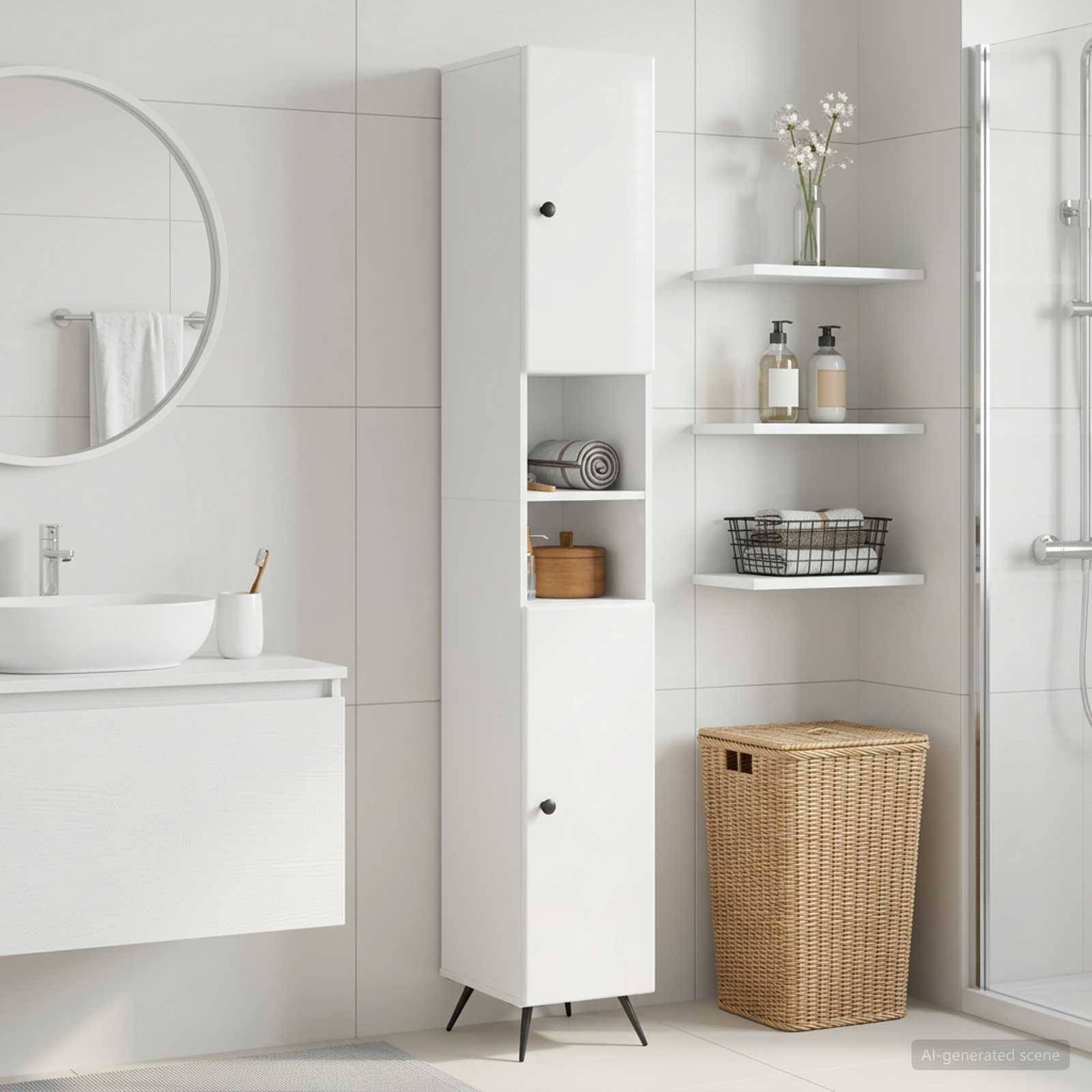 Minimales modernes Badezimmer mit weißem Waschtisch, hohem Schrank, Wandregalen, gewebtem Wäschekorb und gläserner Duschkabine.
