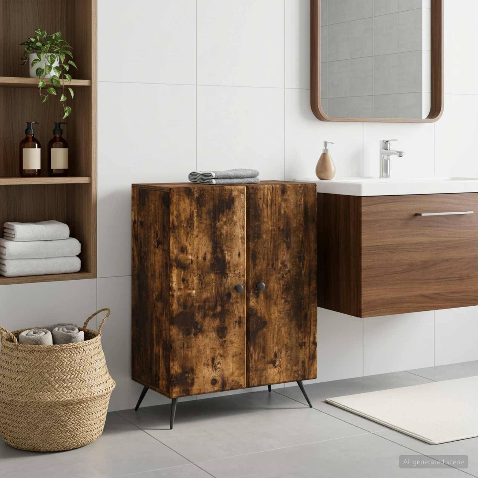Modernes Badezimmer mit rustikalem Holzschrank, schwebendem Waschtisch, Spiegel, Regalen mit Handtüchern und Dekoration sowie gewebtem Aufbewahrungskorb.