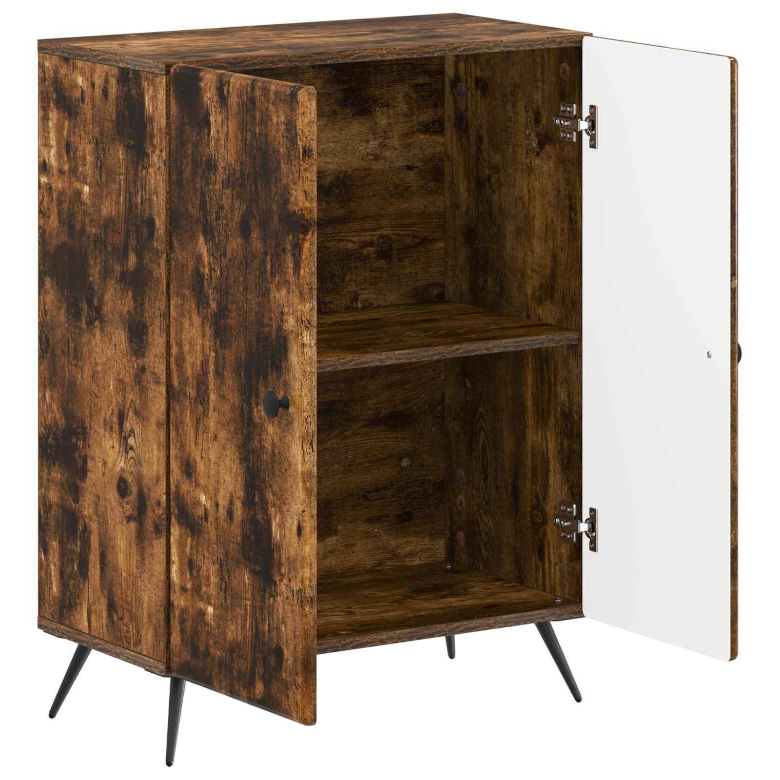 Holzschrank mit zwei Regalen und offenen Türen, gezeigt auf schwarzen Beinen vor weißem Hintergrund.