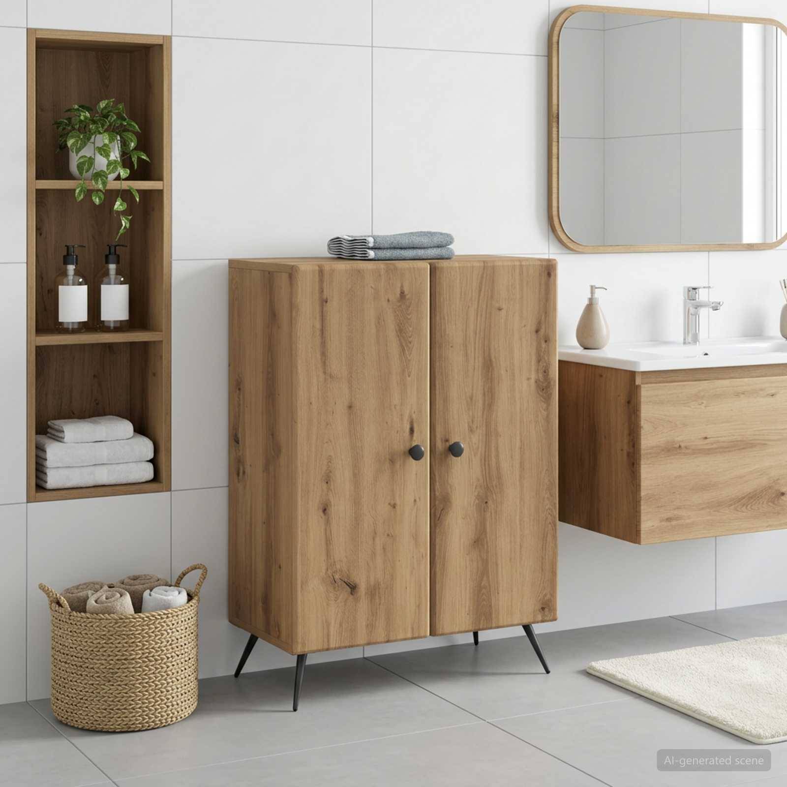 Modernes Badezimmer mit Holzwaschbeckenunterschrank, Wandspiegel, hohem Schrank und Weidenkorb; Handtücher und Toilettenartikel ordentlich angeordnet.