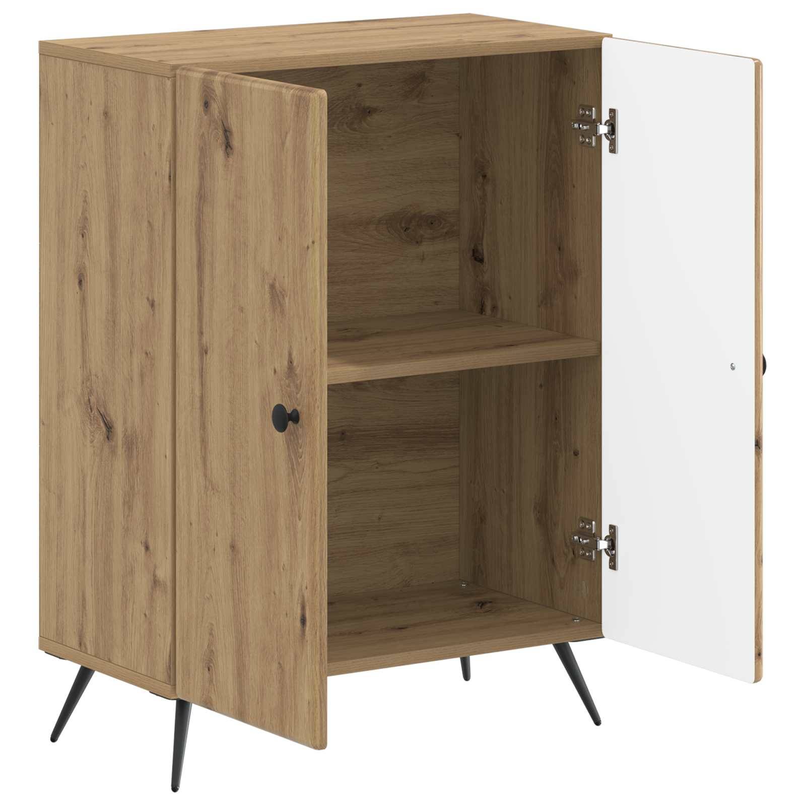 Offener Holzschrank mit zwei Regalen und schwarzen konischen Beinen, dargestellt mit einer offenen Tür, die das Innere zeigt.